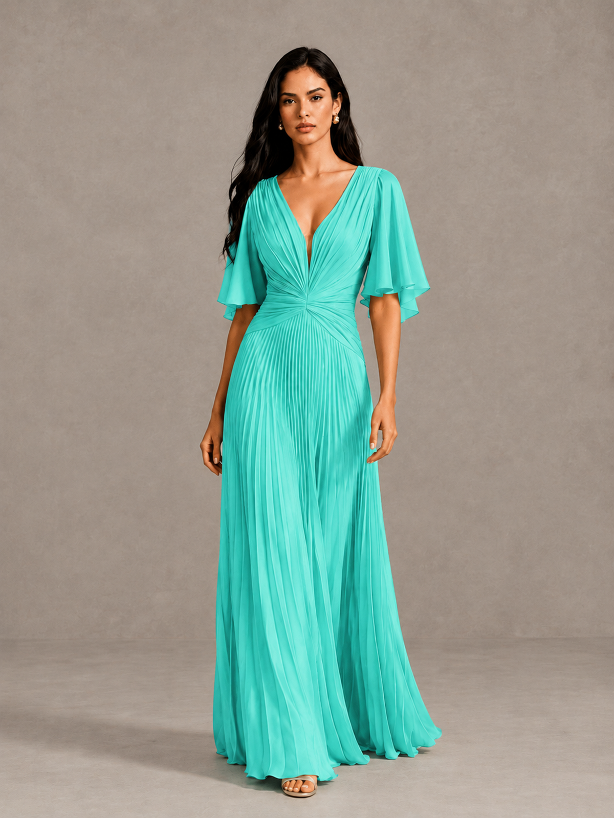 BOLODOO Turquoise Pleated V-Neck Flutter Sleeve Bridesmaid Dress 