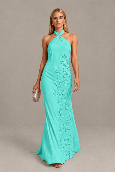 BOLODOO Turquoise Cross Halter Neck 3D Floral Appliqué Backless Mermaid Maxi Gown 