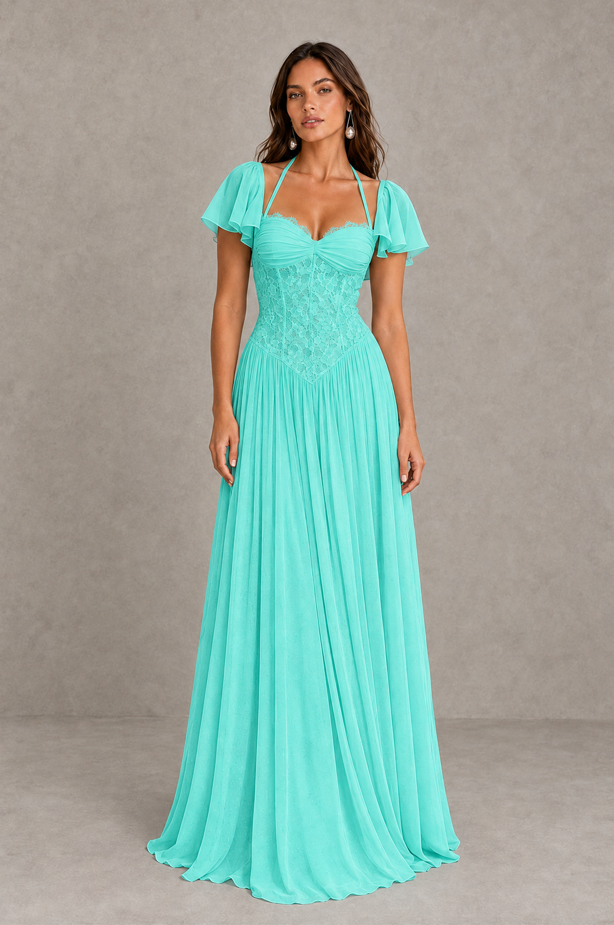 BOLODOO Turquoise Flutter Sleeve Lace Corset A-Line Maxi Dress 