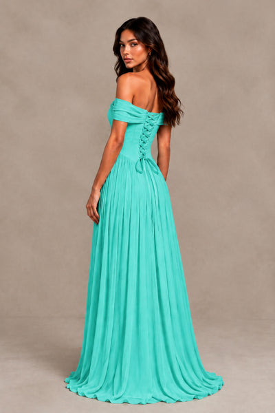 BOLODOO Turquoise Off-Shoulder Sweetheart Corset Pleated Chiffon Maxi Dress 