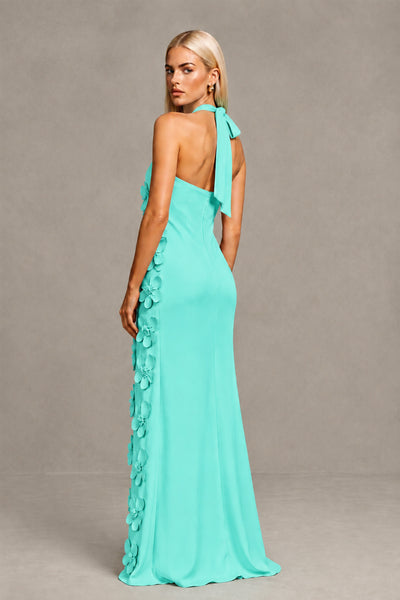 BOLODOO Turquoise Cross Halter Neck 3D Floral Appliqué Backless Mermaid Maxi Gown 