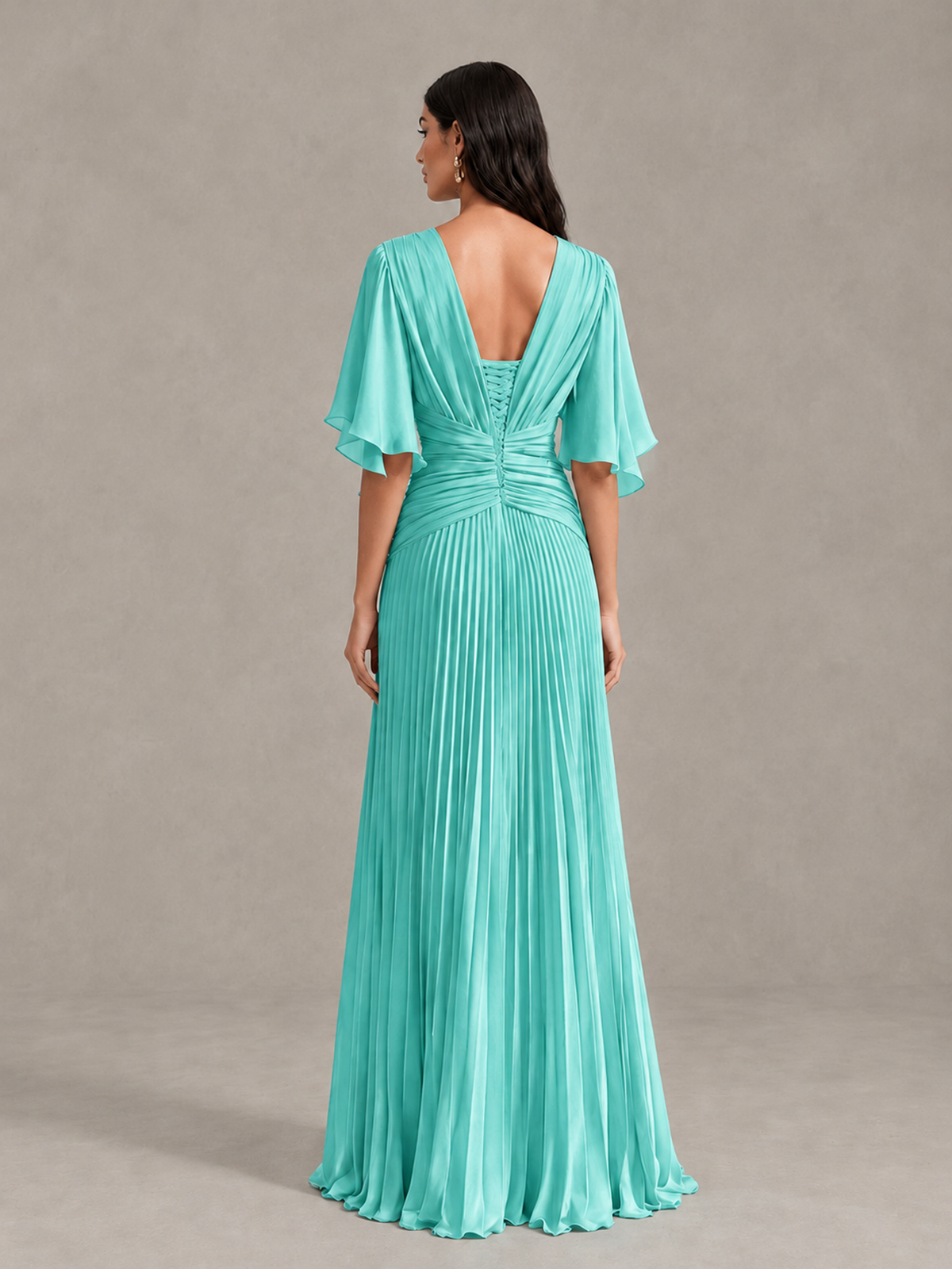 BOLODOO Turquoise Pleated V-Neck Flutter Sleeve Bridesmaid Dress 