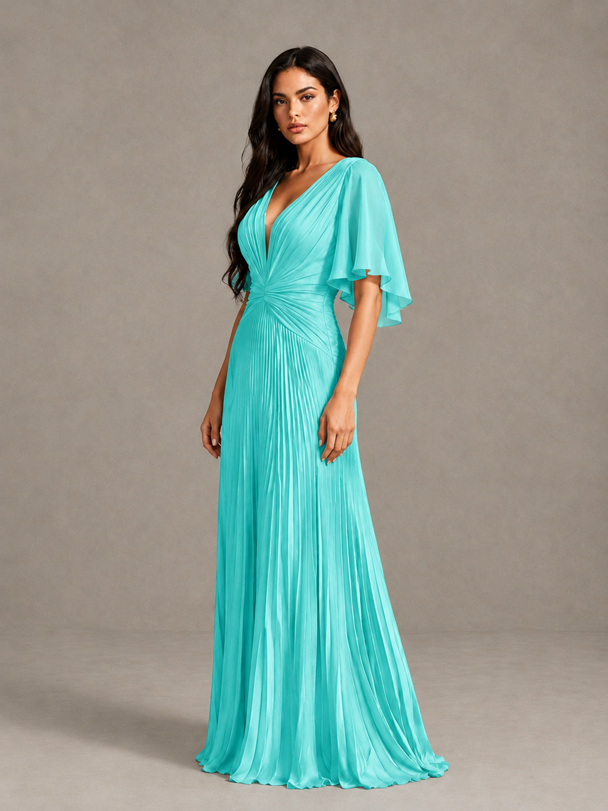 BOLODOO Turquoise Pleated V-Neck Flutter Sleeve Bridesmaid Dress 