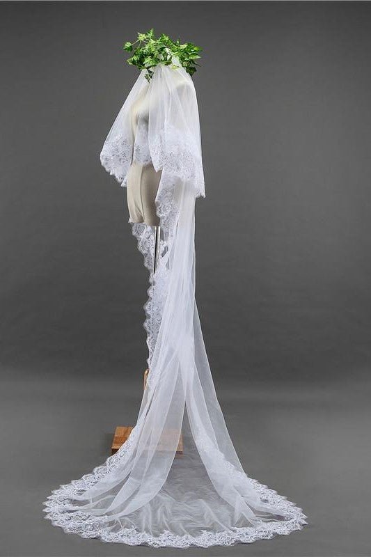 Two - Tier Tulle Lace Edge Bridal Veil Wedding Veil - BOLODOO