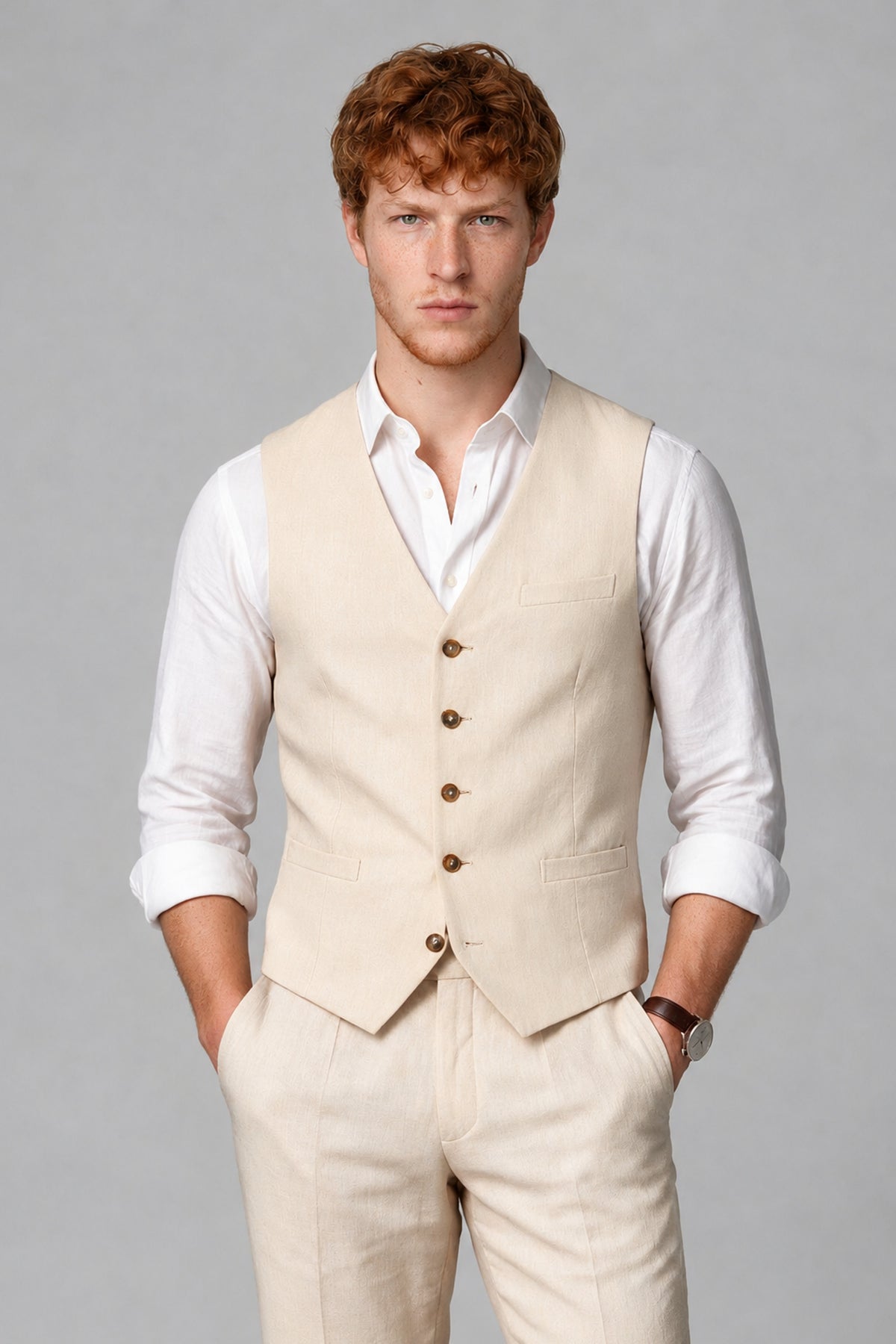 Bolodoo Men's Wheat Beige 2-Piece Vest and Pants Set with V-Neck Waistcoat - Wheat Beige - Wheat Beige_1