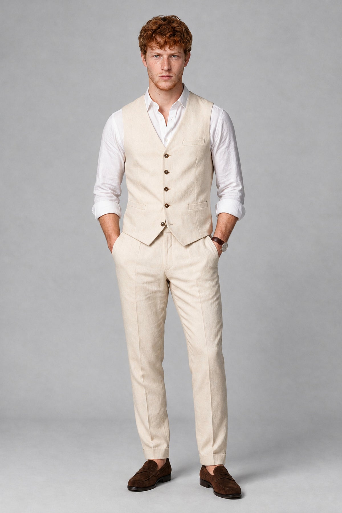 Bolodoo Men's Wheat Beige 2-Piece Vest and Pants Set with V-Neck Waistcoat - Wheat Beige - Wheat Beige_2