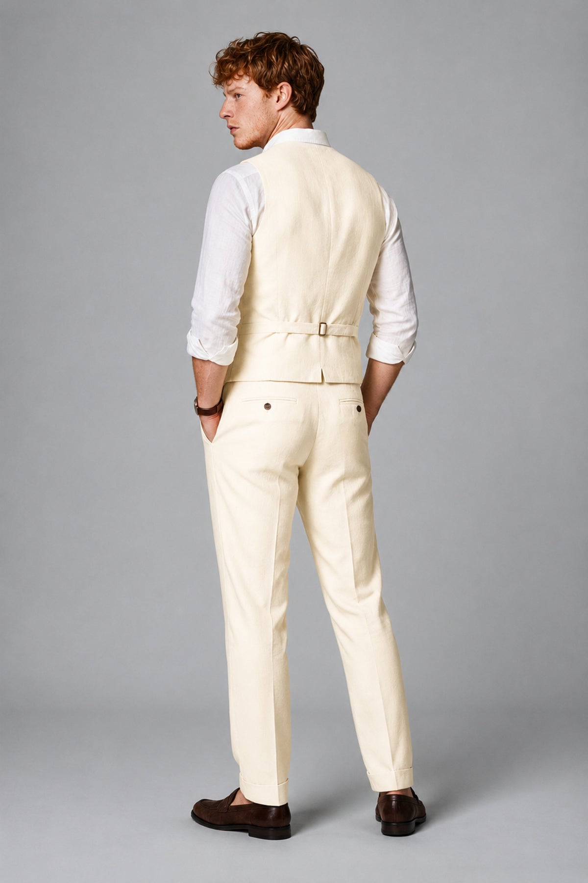 Bolodoo Men's Wheat Beige 2-Piece Vest and Pants Set with V-Neck Waistcoat - Wheat Beige - Wheat Beige_3
