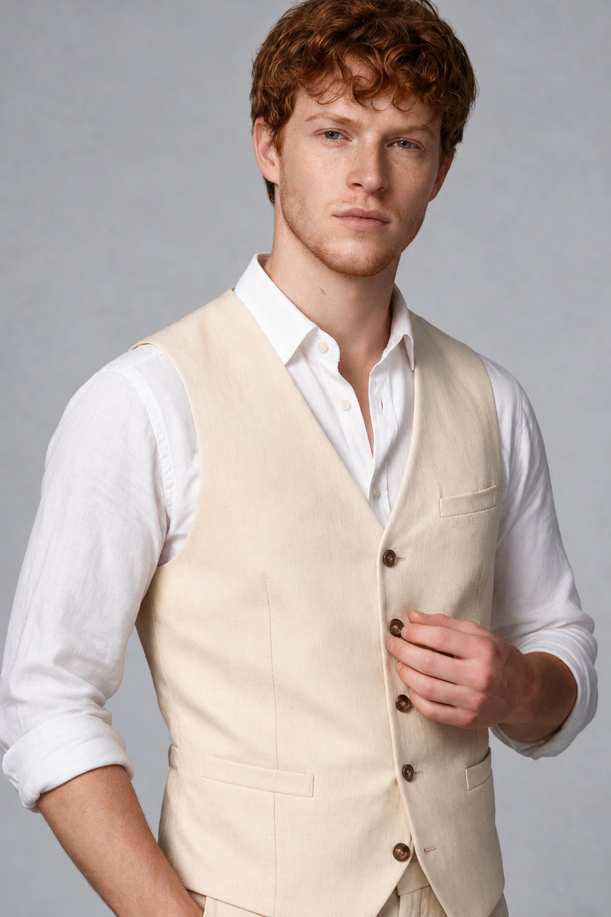 Bolodoo Men's Wheat Beige 2-Piece Vest and Pants Set with V-Neck Waistcoat - Wheat Beige - Wheat Beige_4