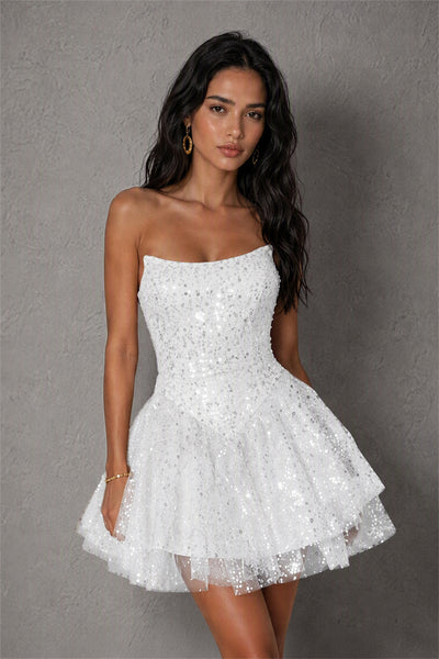 BOLODOO White Sequin Strapless Corset Tiered Ruffle Mini Dress | BD0563 - White
