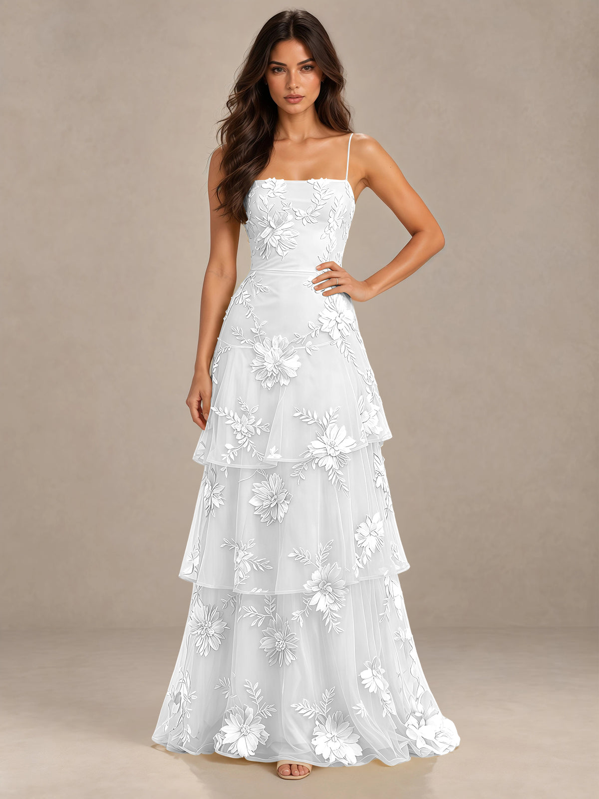 BOLODOO White Floral Applique Tiered Prom Dress with Lace-Up Back - White - White-1