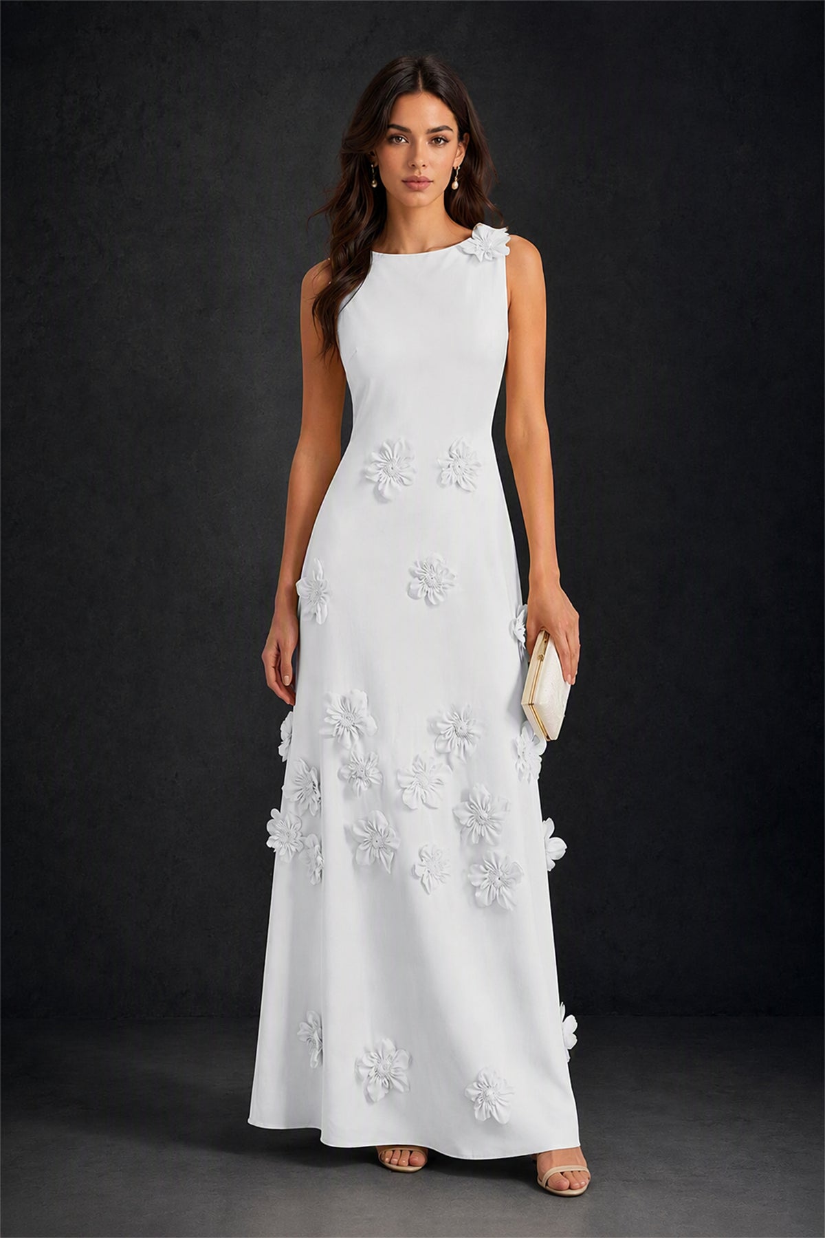 BOLODOO White 3D Floral Appliqué Sleeveless Maxi Dress - White