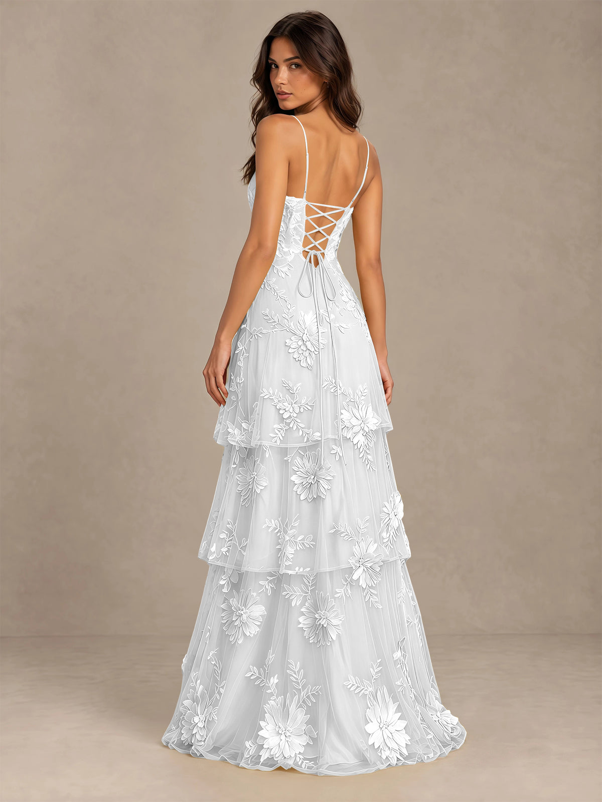 BOLODOO White Floral Applique Tiered Prom Dress with Lace-Up Back - White - White-2