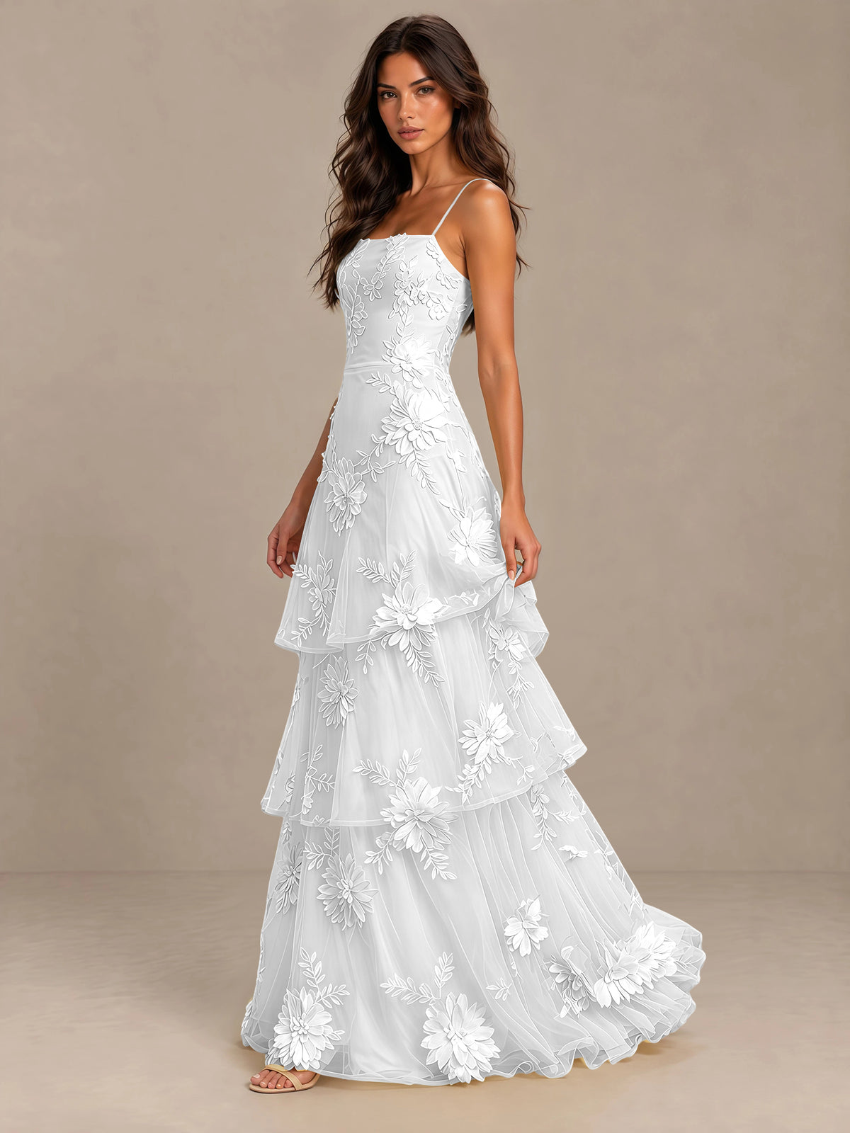 BOLODOO White Floral Applique Tiered Prom Dress with Lace-Up Back - White - White-3
