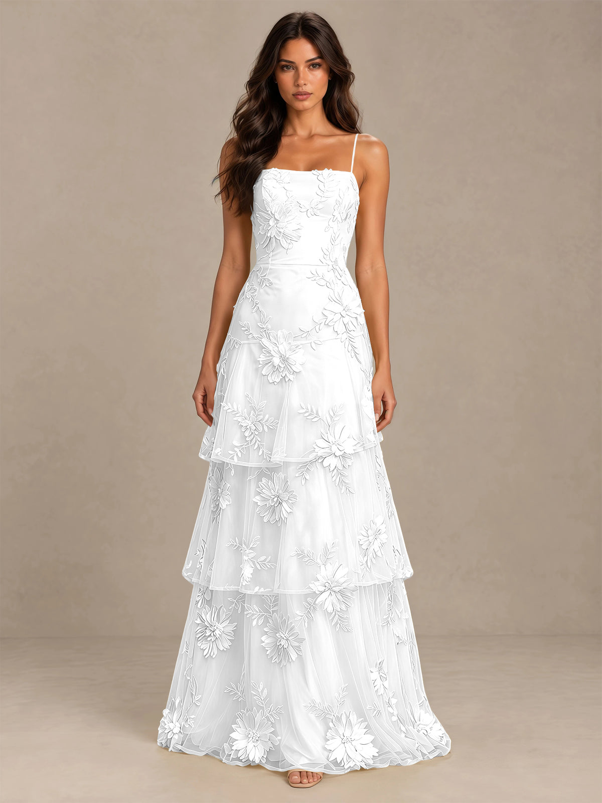 BOLODOO White Floral Applique Tiered Prom Dress with Lace-Up Back - White - White-4