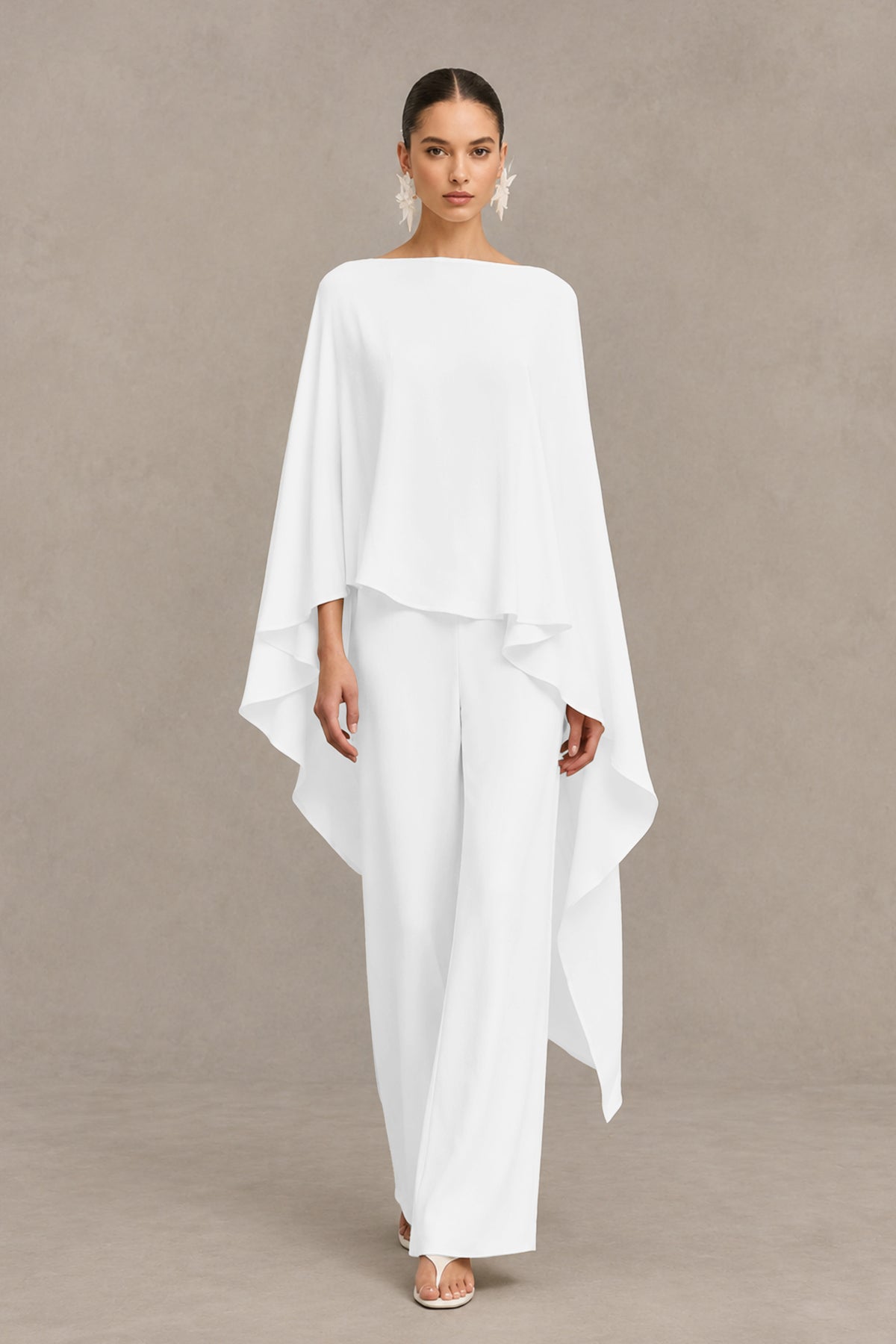 BOLODOO White Cape Sleeve Wide-Leg Formal Pantsuit - White - White_01