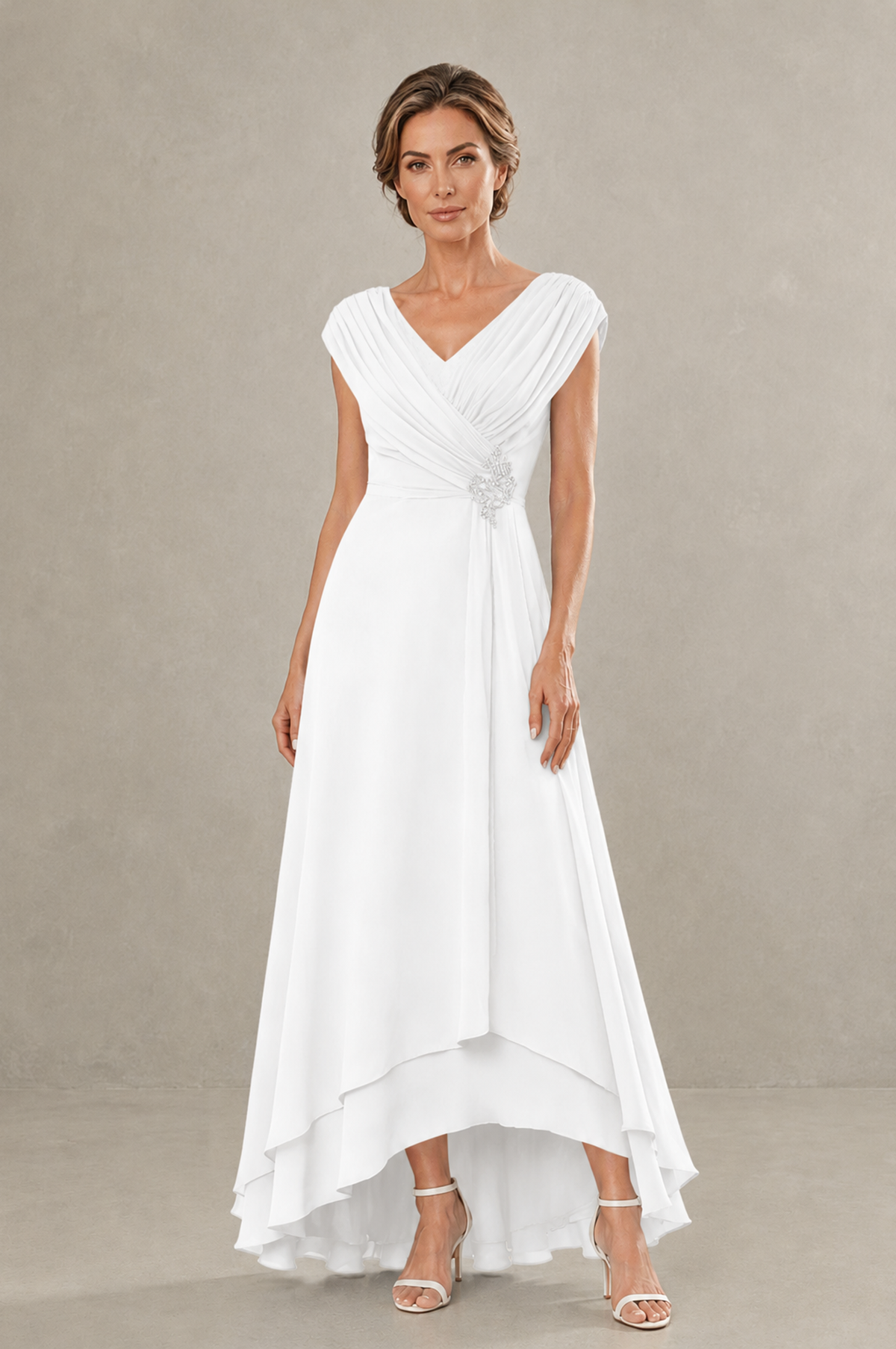 BOLODOO White V-Neck High-Low Mother of the Bride Dress - White - White_01