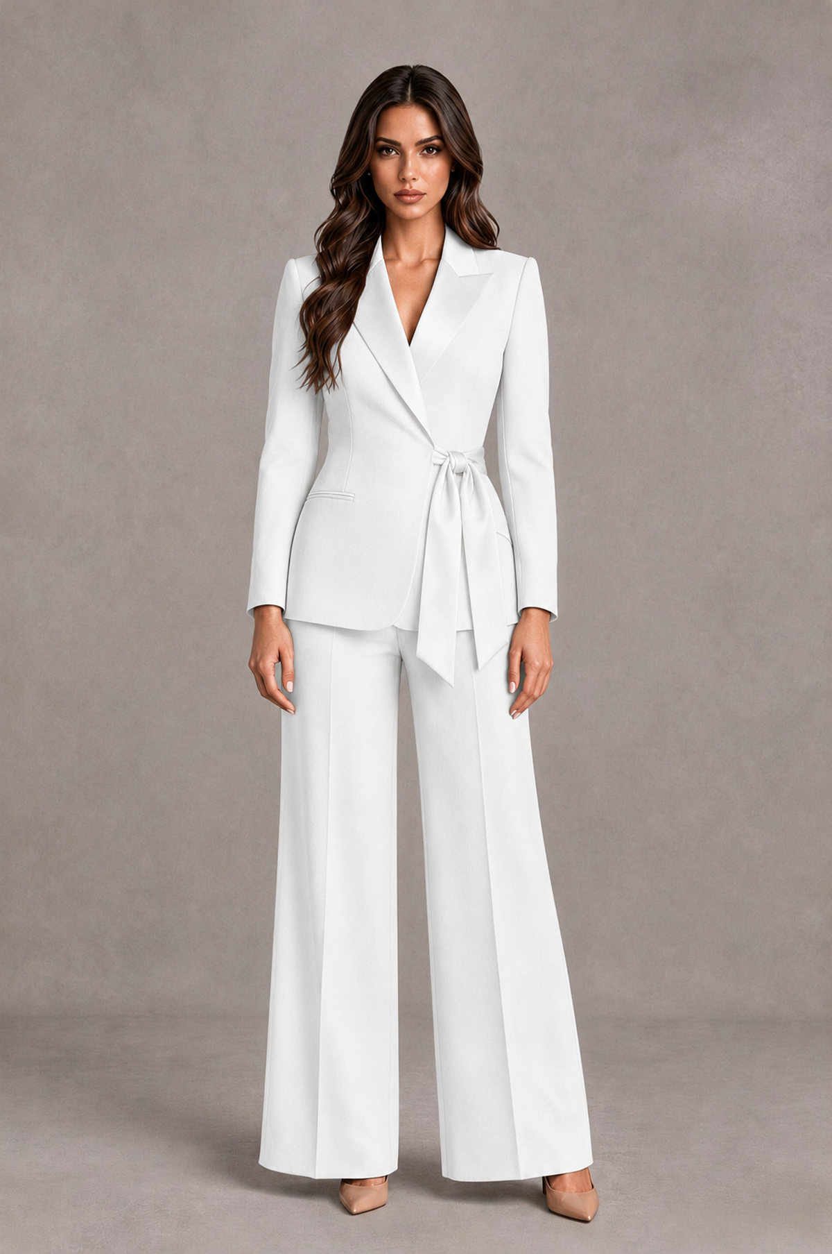 BOLODOO White Tie-Waist Blazer & Wide-Leg Pantsuit - White - White_01