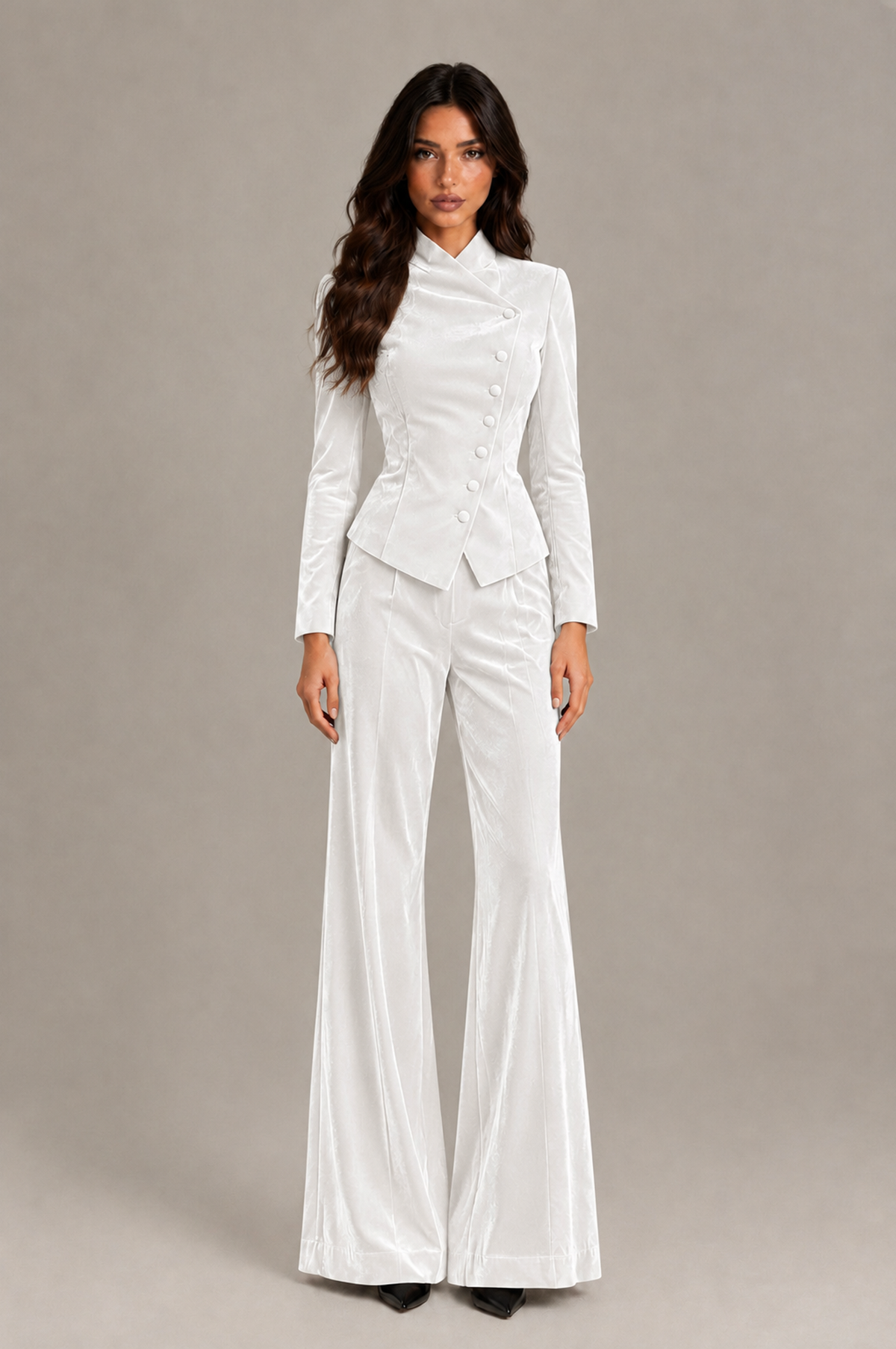 BOLODOO White Velvet Two-Piece Pantsuit with Long Sleeve Blazer & Wide-Leg Trousers - White - White_01