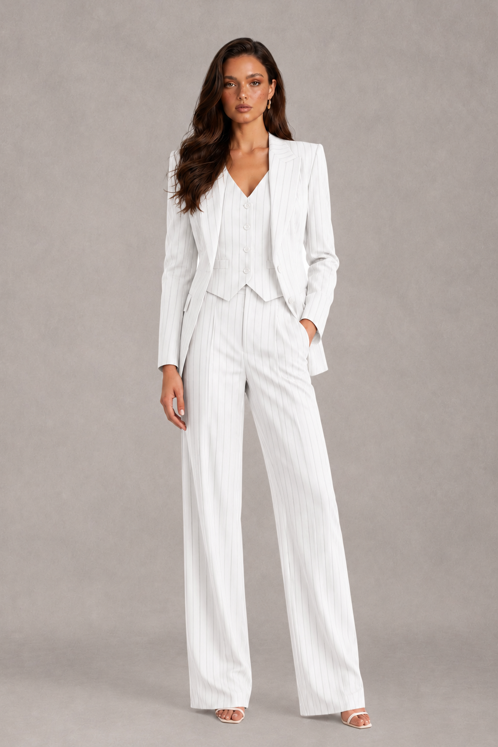 BOLODOO Women's White Pinstripe Three-Piece Pantsuit with Wide-Leg Trousers - White - White_01