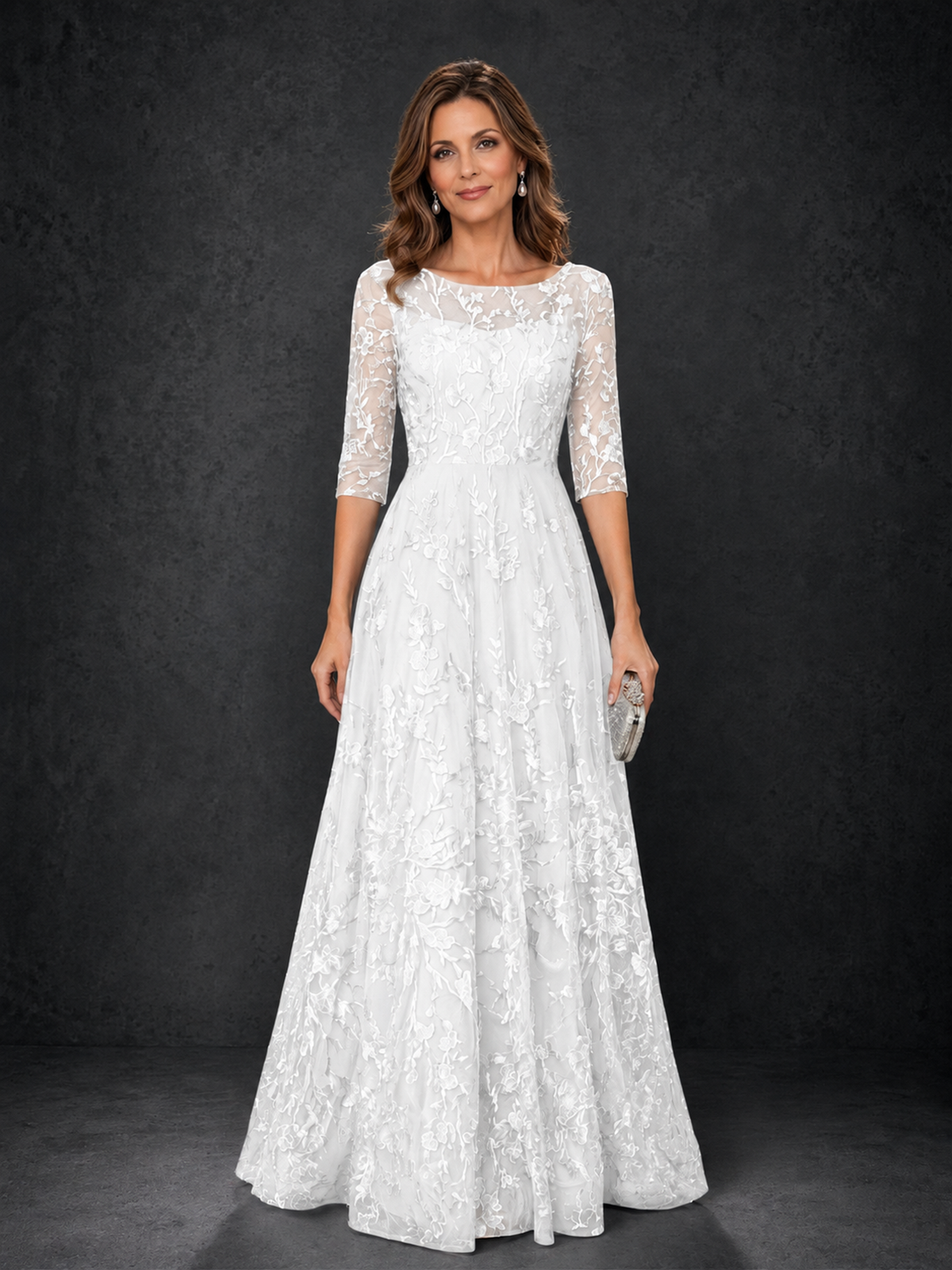 BOLODOO White Illusion Bateau Neck 3/4 Sleeve Floral Lace A-Line Mother of the Bride Dress MX007 - White - White_01