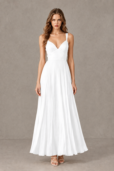 BOLODOO White V-Neck Pleated Open-Back Maxi Dress - White - White_01