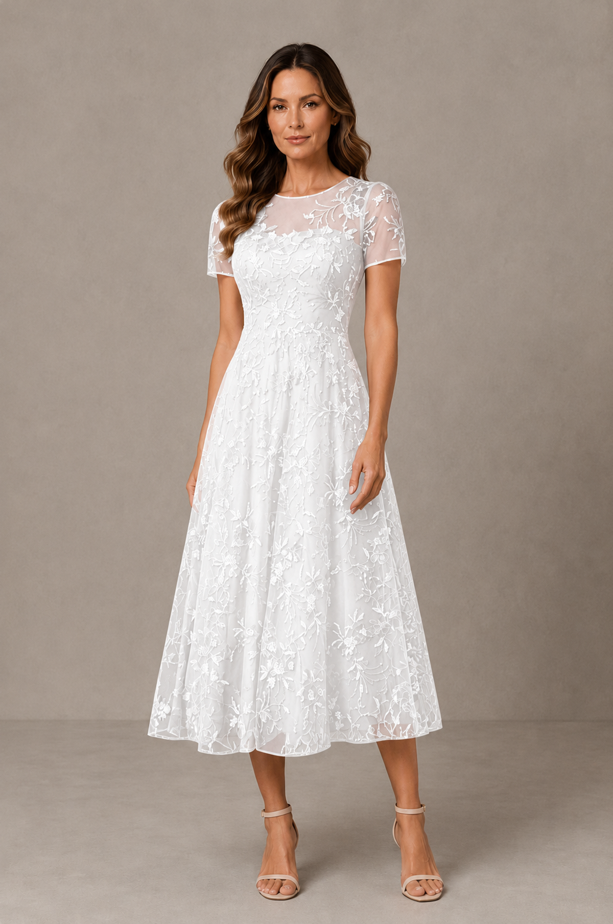 BOLODOO White Textured Floral A-Line Dress with Short Sleeves - White - White_01