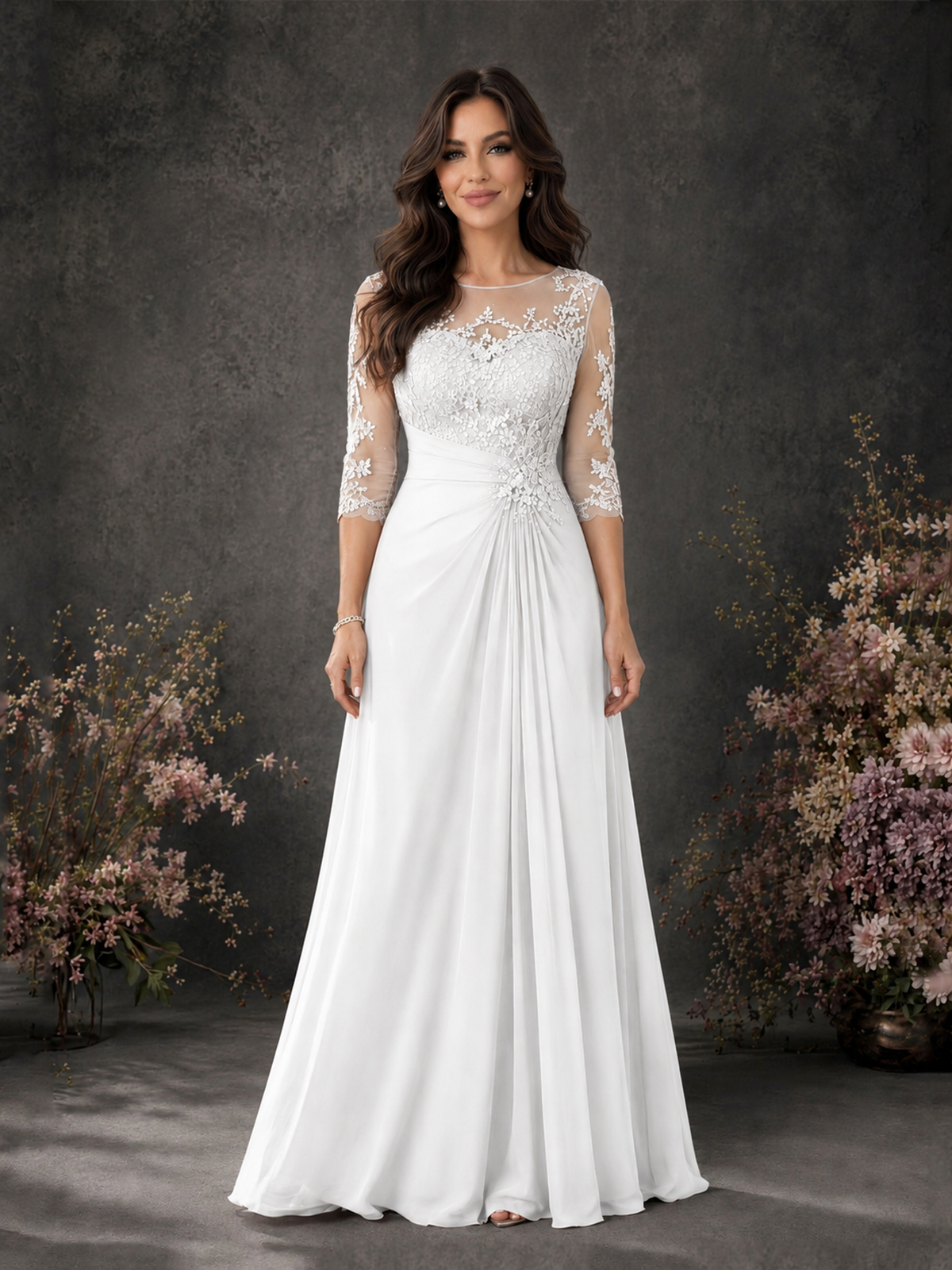 BOLODOO White Chiffon Lace Illusion Neckline 3/4 Sleeve Floor Length Formal Gown - White - White_01