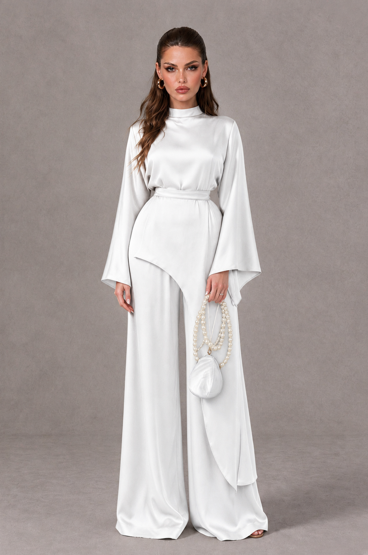 BOLODOO White Satin-Look Long Sleeve Wide-Leg Jumpsuit - White - White_01