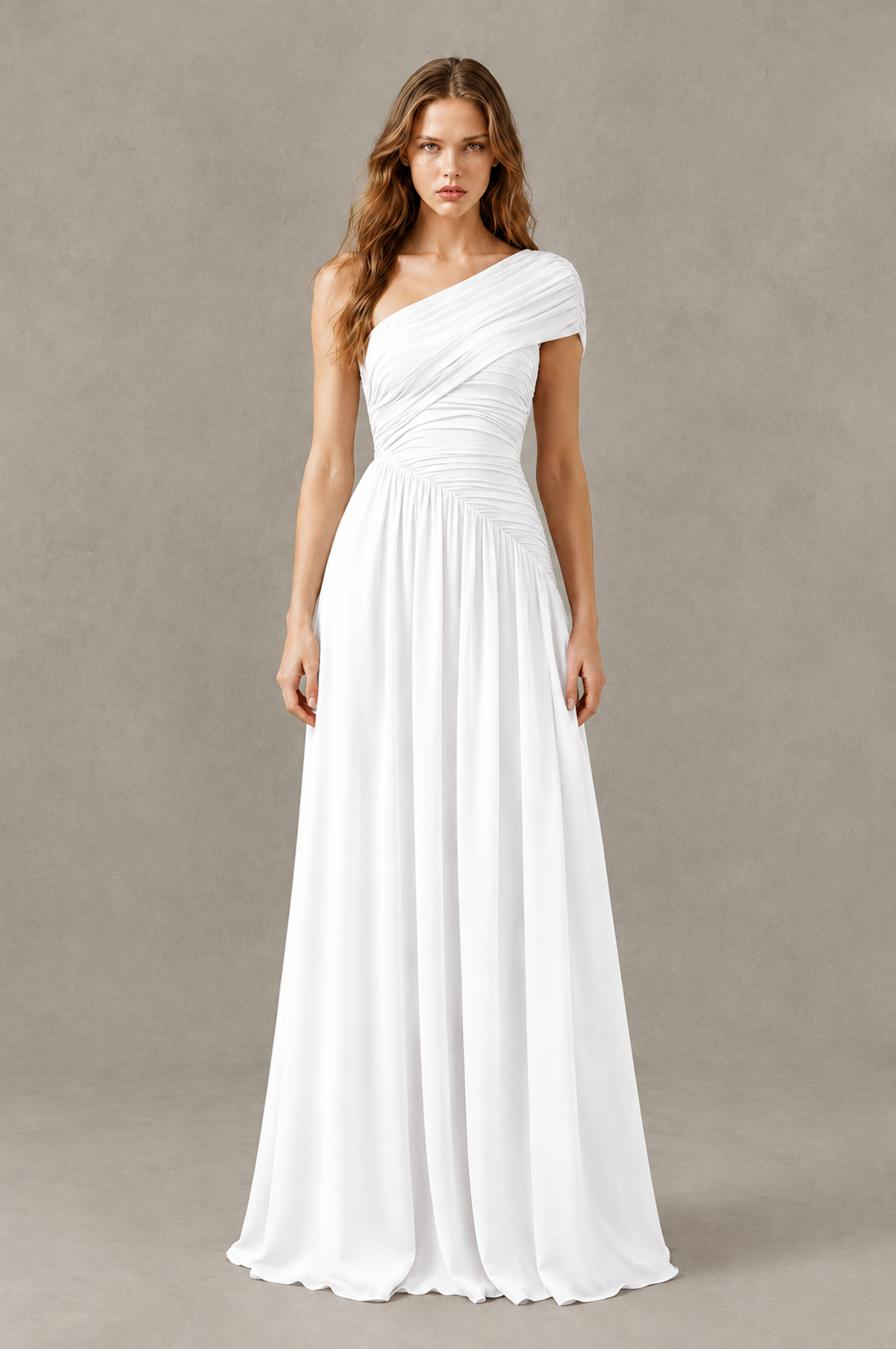 BOLODOO White One-Shoulder Ruched Floor-Length Bridesmaid Dress - White - White_01