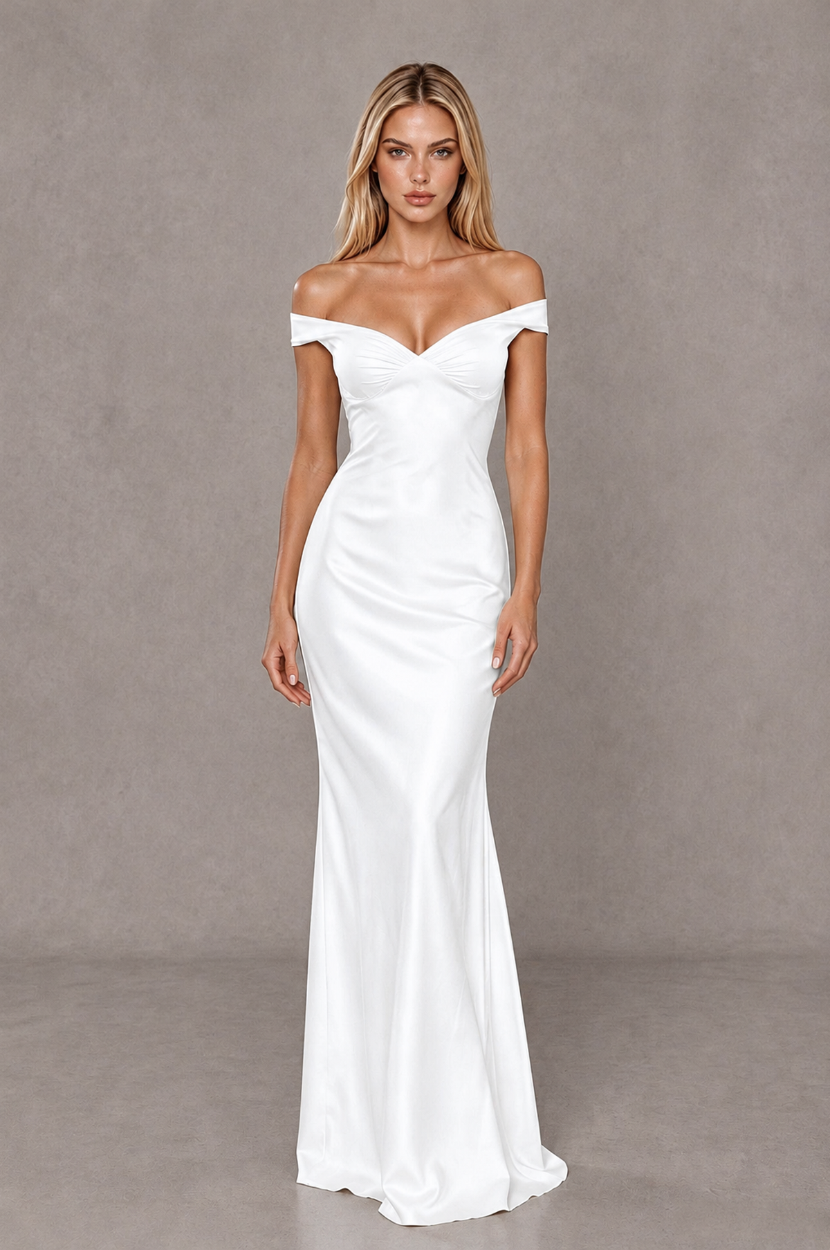 BOLODOO White Off-Shoulder Open-Back Satin Evening Gown - White - White_01