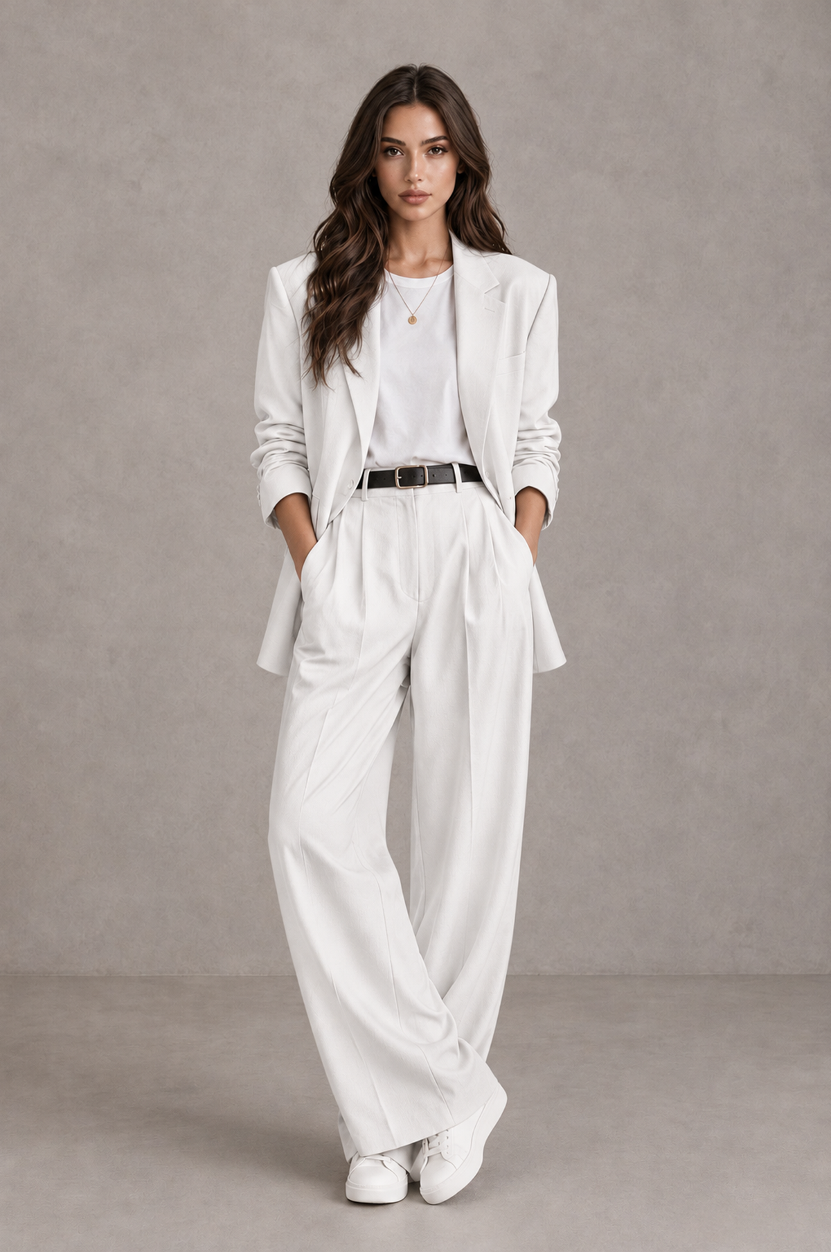 BOLODOO White Brown Blazer & Wide-Leg Pants Suit for Women - White - White_01
