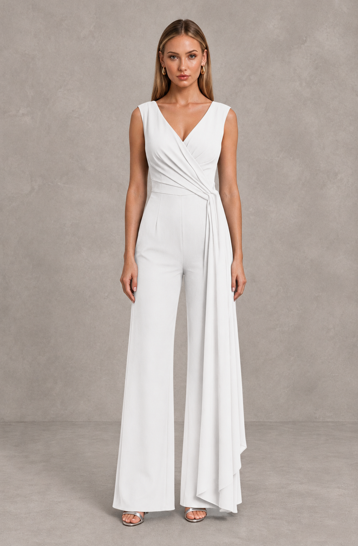 BOLODOO White Sleeveless V-Neck Wide-Leg Jumpsuit with Side Drape - White - White_01