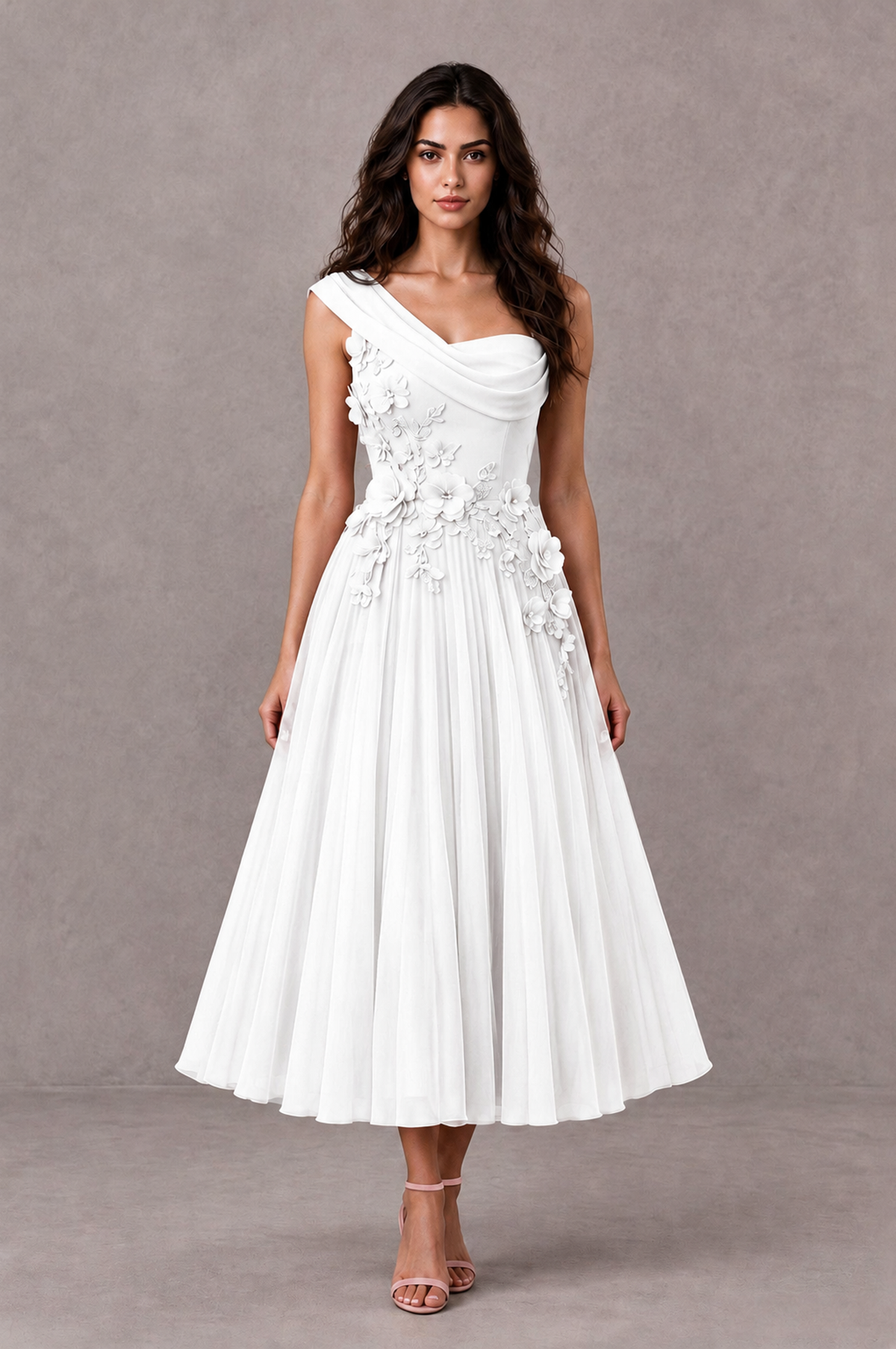 BOLODOO White One-Shoulder Floral Tulle Tea-Length Dress - White - White_01