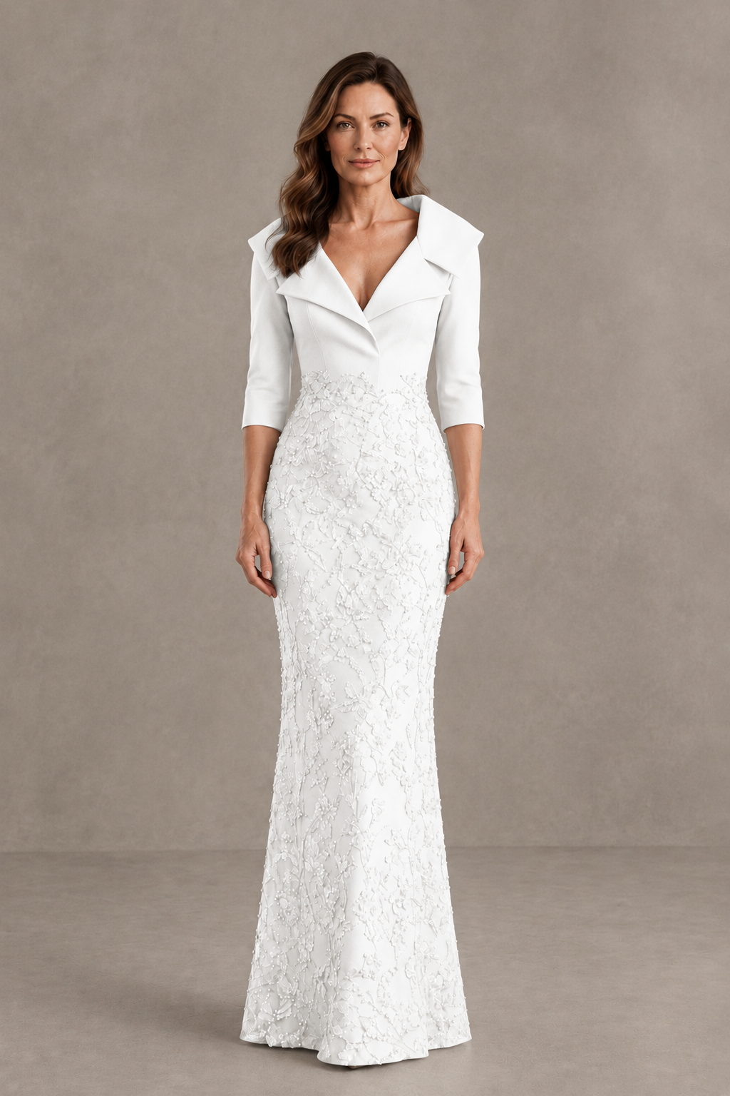 BOLODOO White Three-Quarter Sleeve Mermaid Evening Dress with Floral Detail - White - White_01
