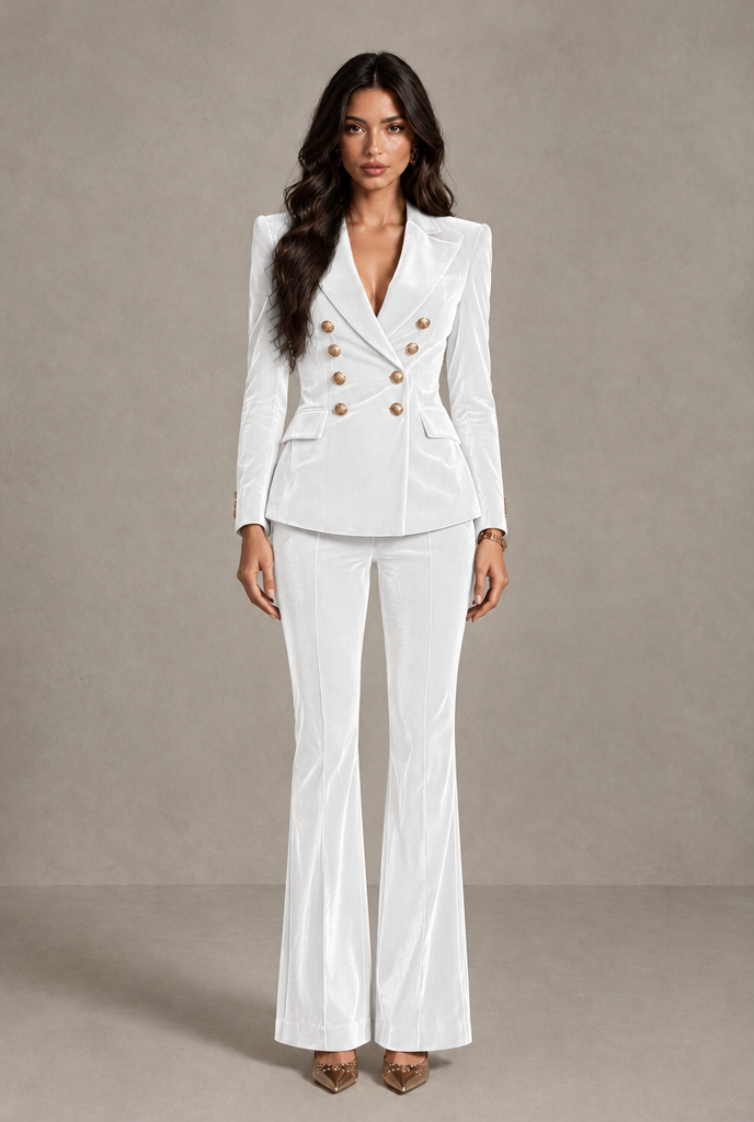 BOLODOO White Velvet Double-Breasted Blazer & Pants Two-Piece Suit - White - White_01