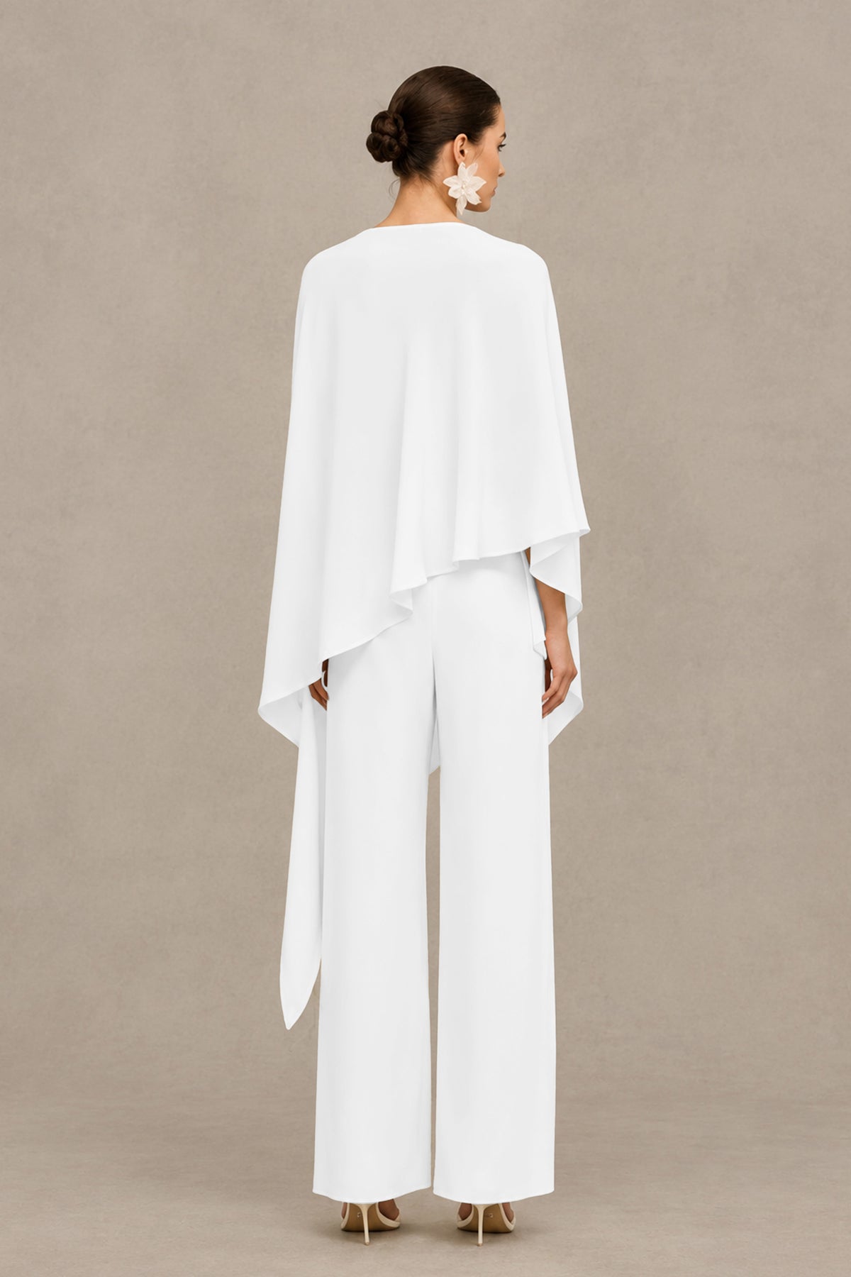 BOLODOO White Cape Sleeve Wide-Leg Formal Pantsuit - White - White_02