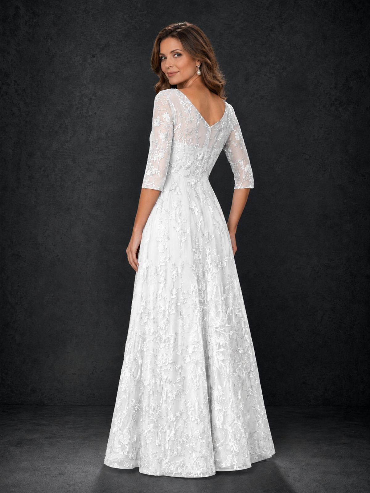 BOLODOO White Illusion Bateau Neck 3/4 Sleeve Floral Lace A-Line Mother of the Bride Dress MX007 - White - White_02