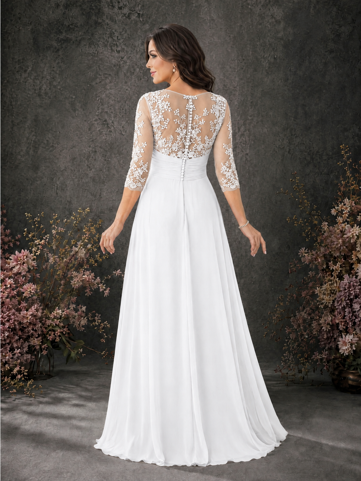 BOLODOO White Chiffon Lace Illusion Neckline 3/4 Sleeve Floor Length Formal Gown - White - White_02