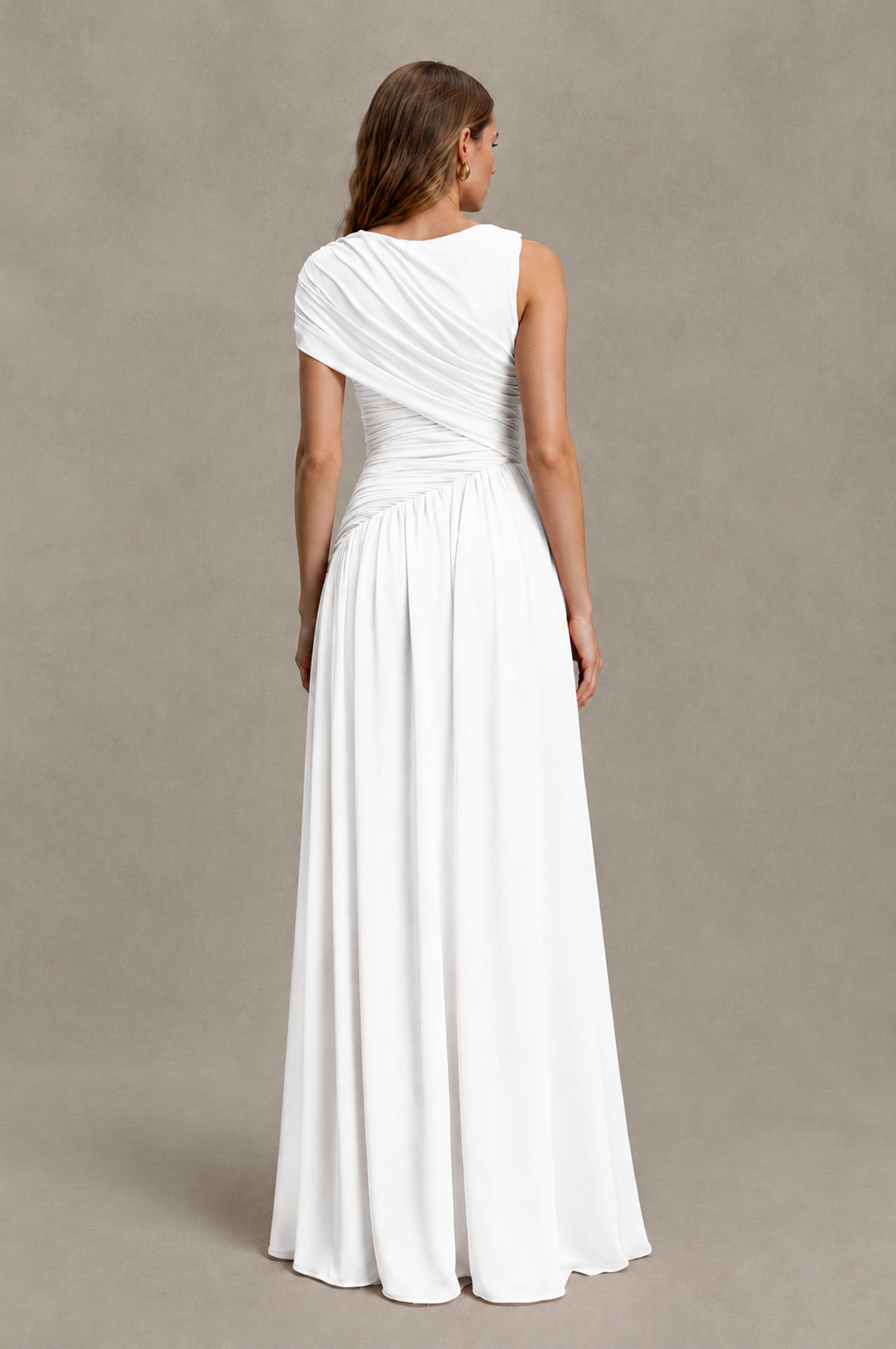 BOLODOO White One-Shoulder Ruched Floor-Length Bridesmaid Dress - White - White_02