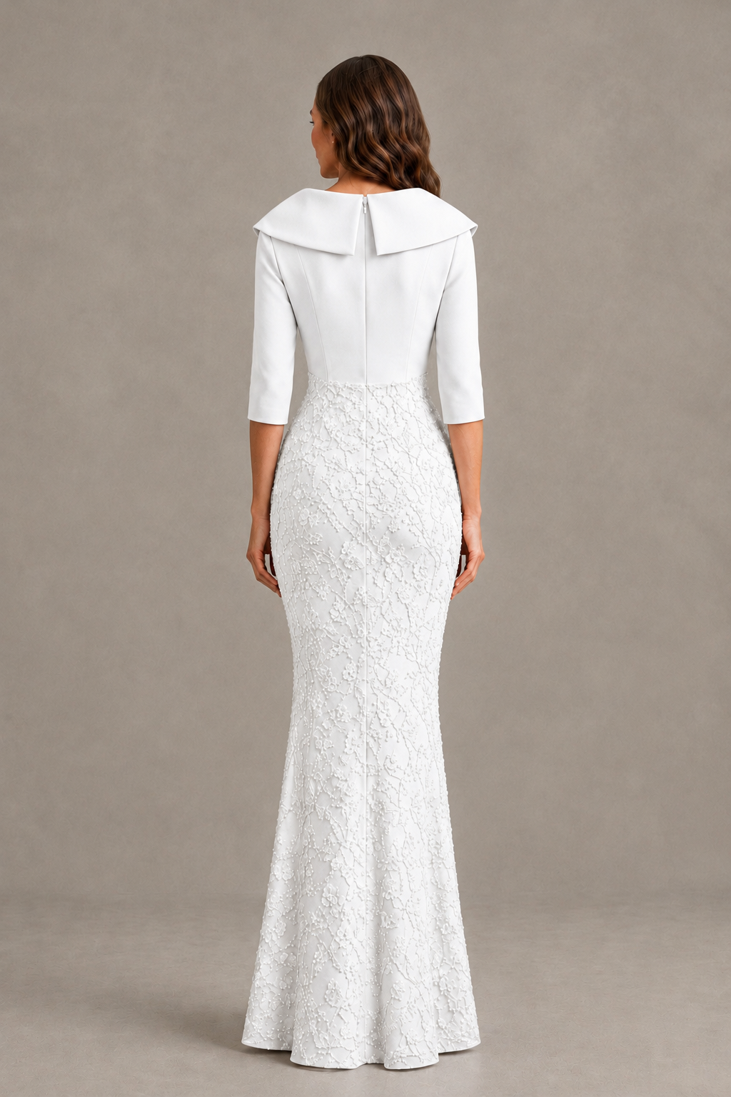 BOLODOO White Three-Quarter Sleeve Mermaid Evening Dress with Floral Detail - White - White_02