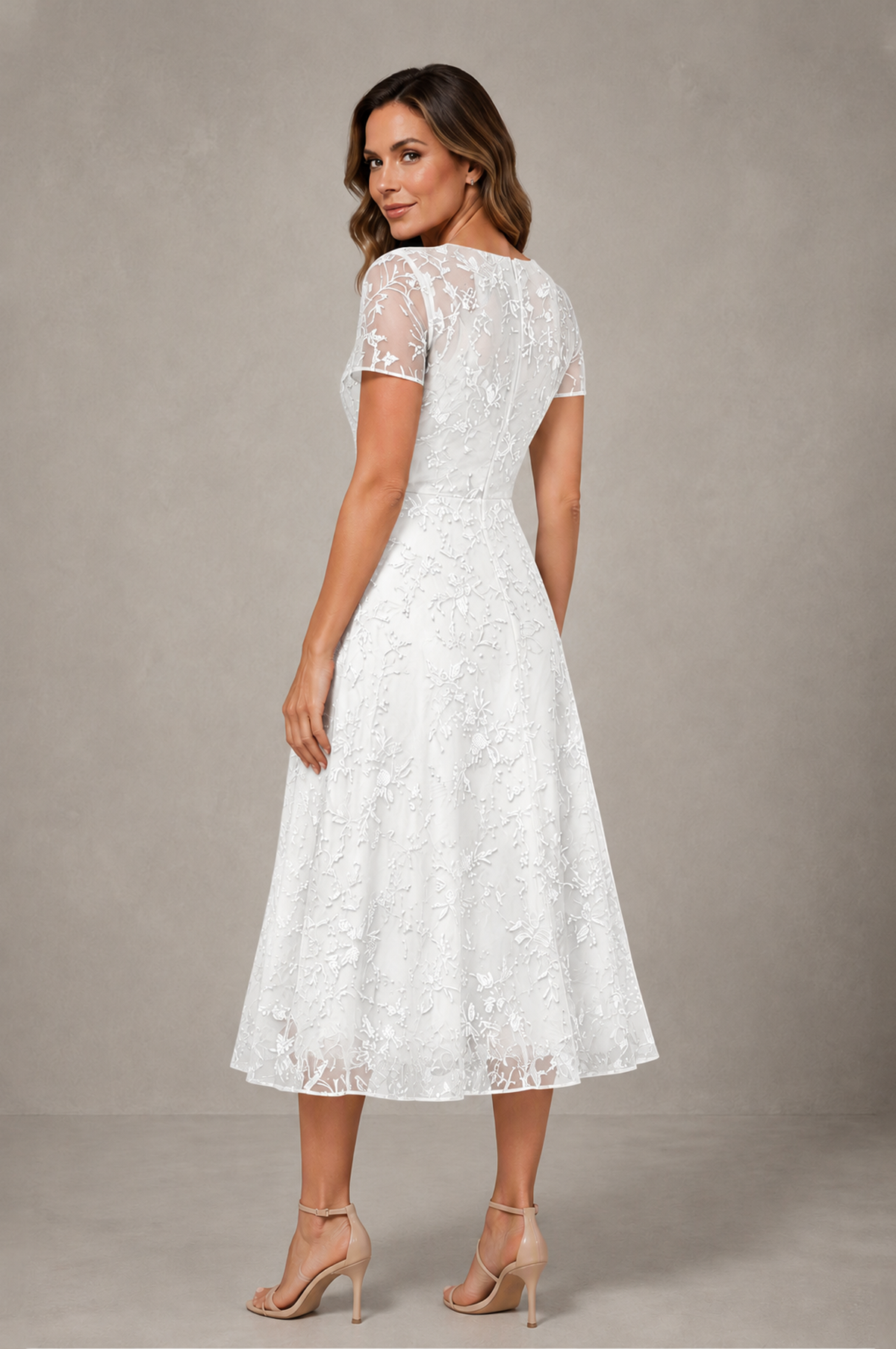 BOLODOO White Textured Floral A-Line Dress with Short Sleeves - White - White_02