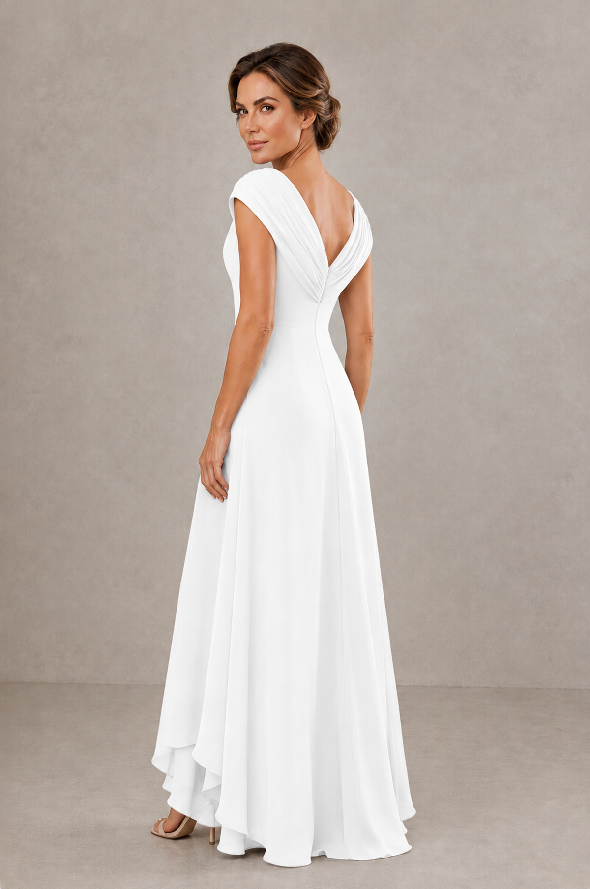 BOLODOO White V-Neck High-Low Mother of the Bride Dress - White - White_02