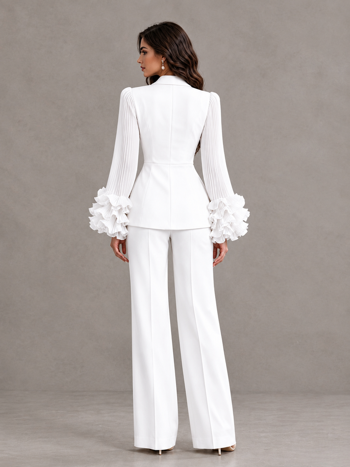 BOLODOO White Mother of the Bride Pant Suit – Pleated Long Sleeve Ruffle Cuff Wide Leg Trouser Suit - White - White_02