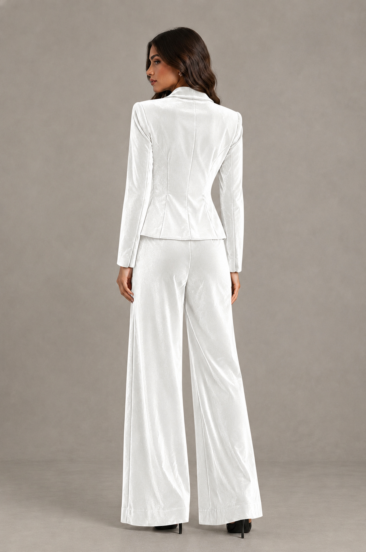 BOLODOO White Velvet Two-Piece Pantsuit with Long Sleeve Blazer & Wide-Leg Trousers - White - White_02
