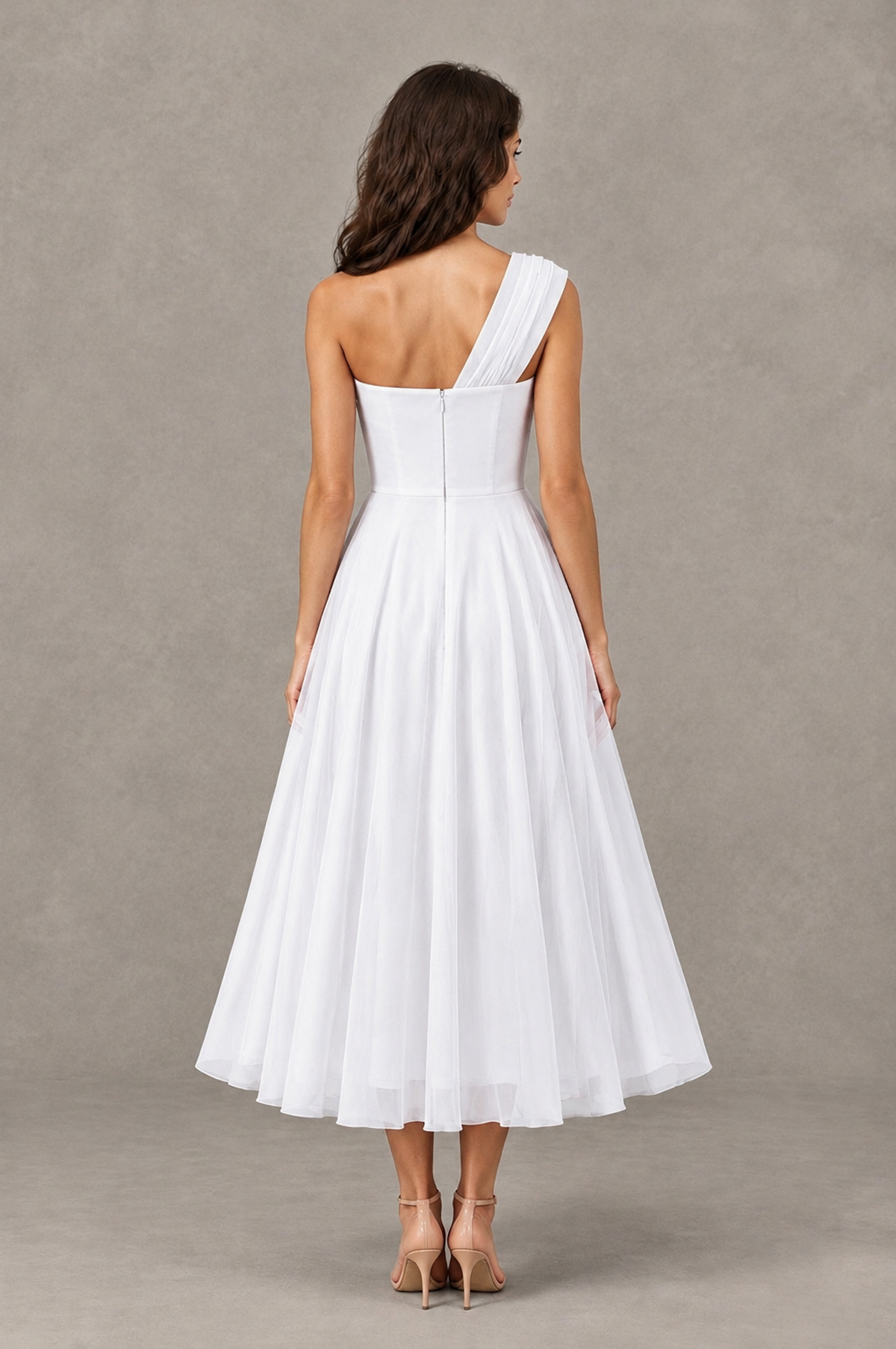 BOLODOO White One-Shoulder Floral Tulle Tea-Length Dress - White - White_02