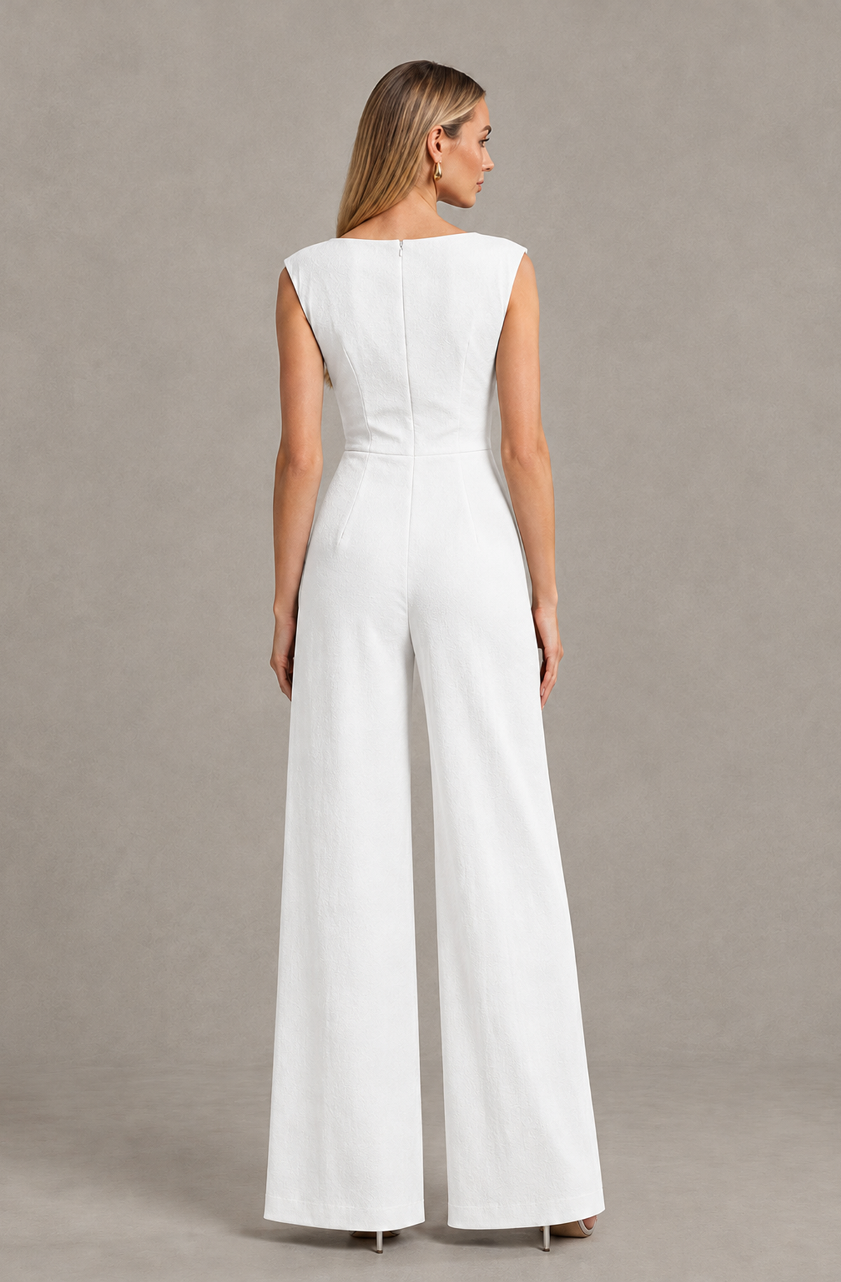 BOLODOO White Sleeveless V-Neck Wide-Leg Jumpsuit with Side Drape - White - White_02