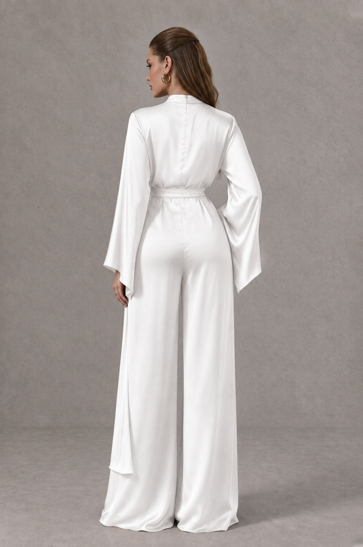 BOLODOO White Satin-Look Long Sleeve Wide-Leg Jumpsuit - White - White_02