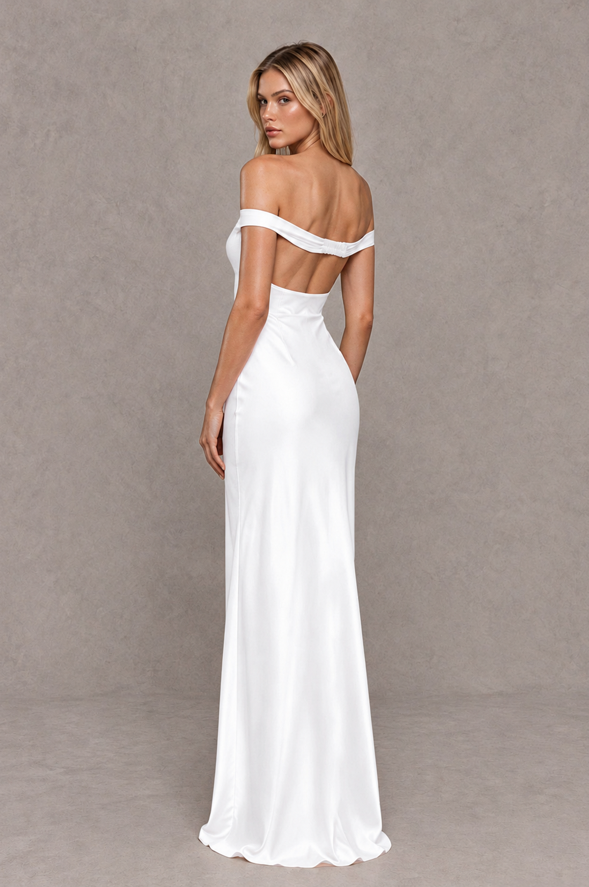 BOLODOO White Off-Shoulder Open-Back Satin Evening Gown - White - White_02