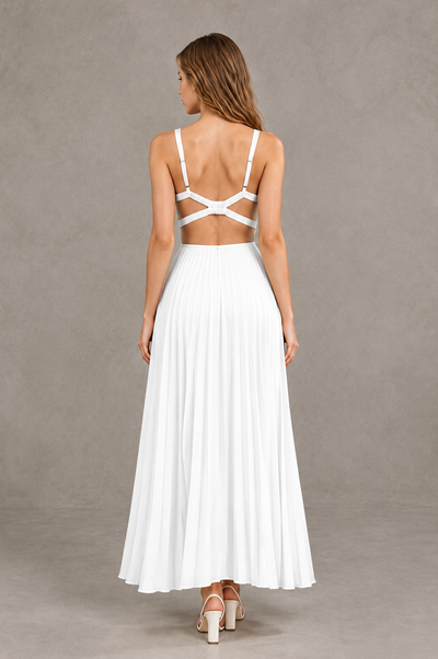 BOLODOO White V-Neck Pleated Open-Back Maxi Dress - White - White_02