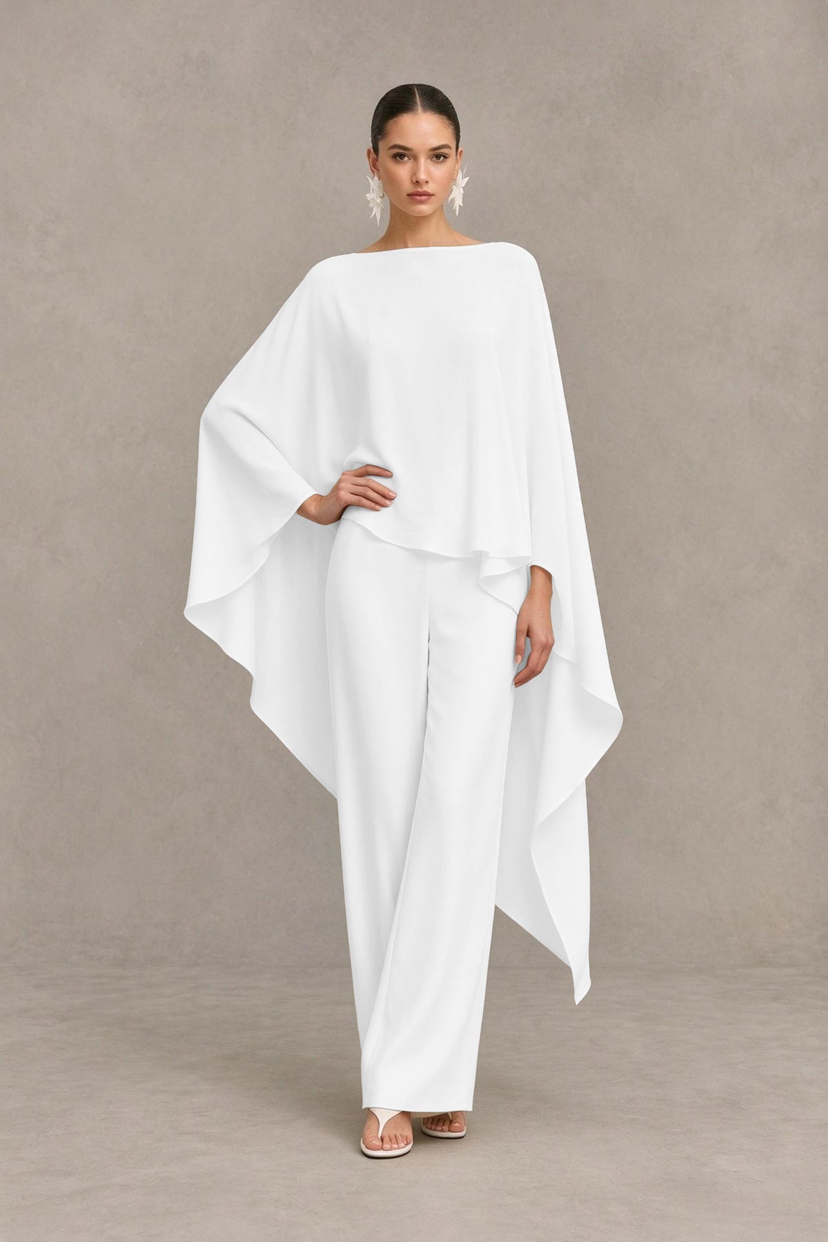 BOLODOO White Cape Sleeve Wide-Leg Formal Pantsuit - White - White_03
